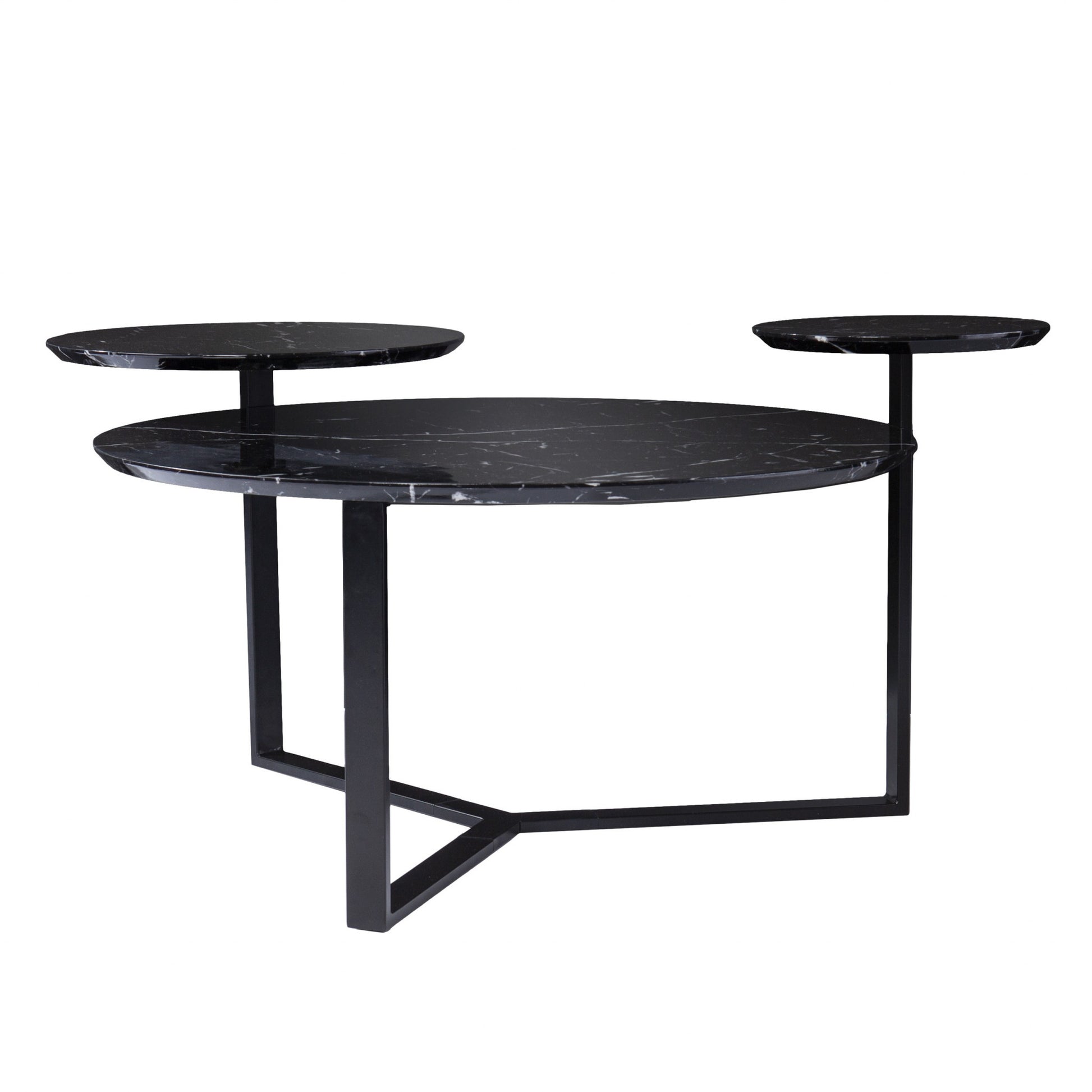 43" Black Faux Marble And Metal With Iron Round Coffee Table-Coffee Tables-DECOROLALA