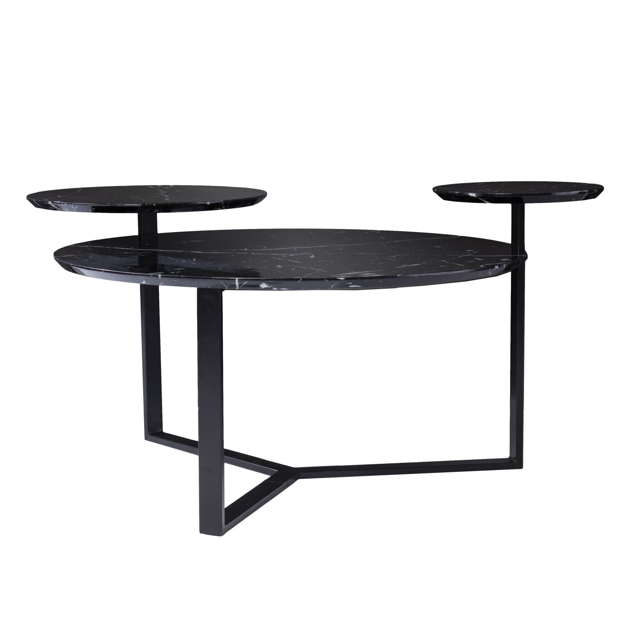43" Black Faux Marble And Metal With Iron Round Coffee Table-Coffee Tables-DECOROLALA