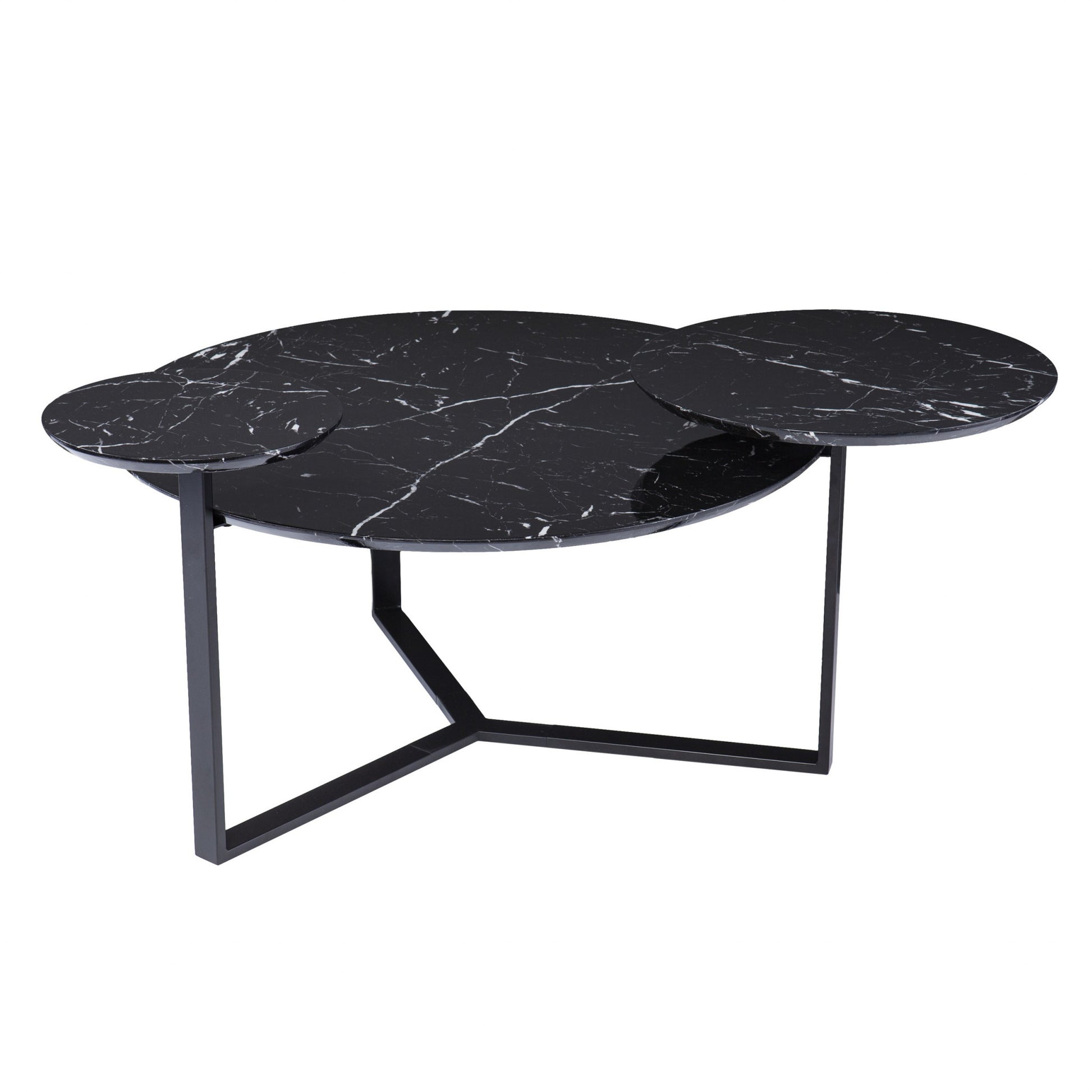 43" Black Faux Marble And Metal With Iron Round Coffee Table-Coffee Tables-DECOROLALA