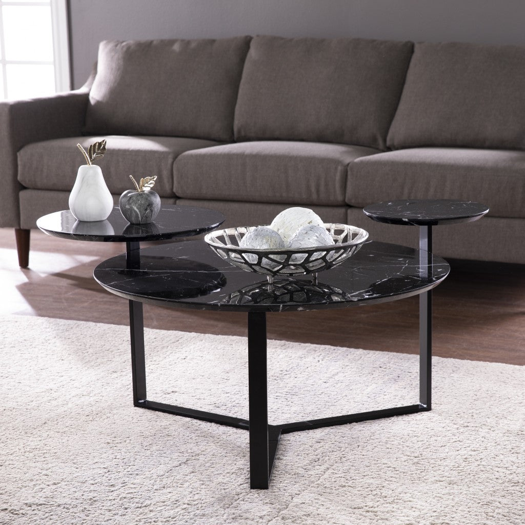 43" Black Faux Marble And Metal With Iron Round Coffee Table-Coffee Tables-DECOROLALA