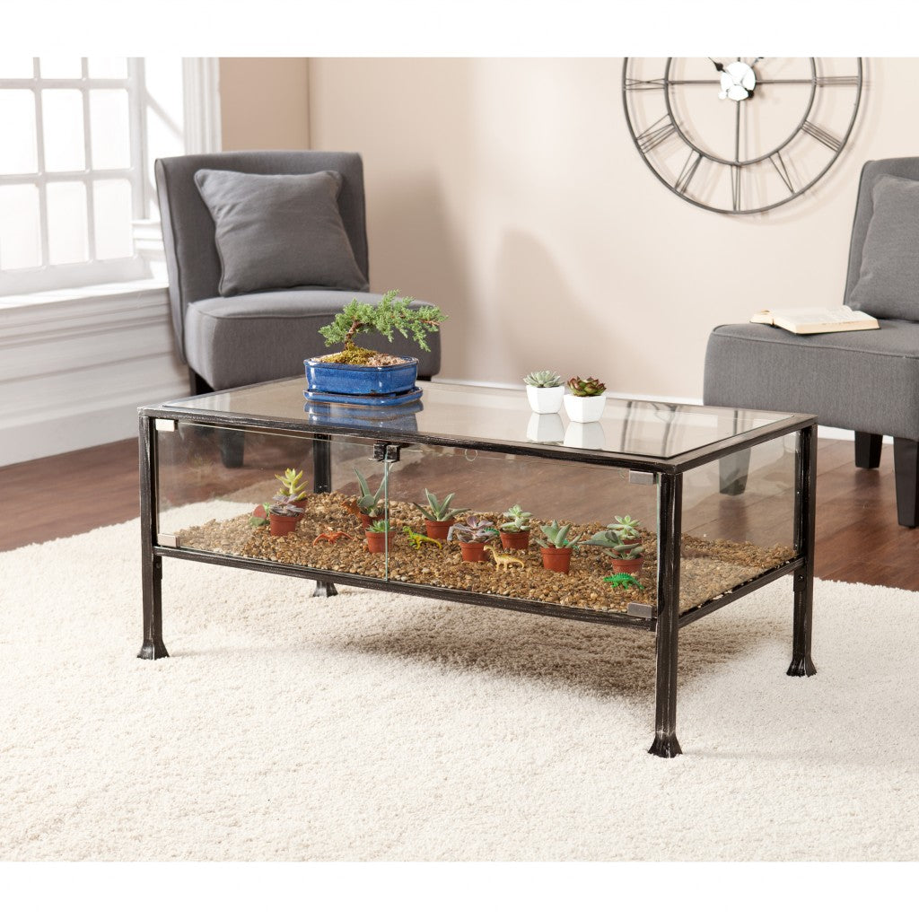 43" Black Glass And Metal Rectangular Coffee Table-Coffee Tables-DECOROLALA
