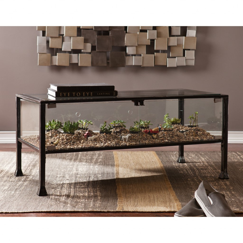 43" Black Glass And Metal Rectangular Coffee Table-Coffee Tables-DECOROLALA