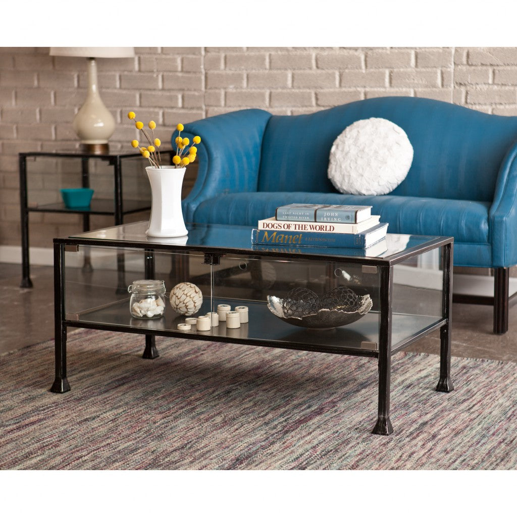 43" Black Glass And Metal Rectangular Coffee Table-Coffee Tables-DECOROLALA