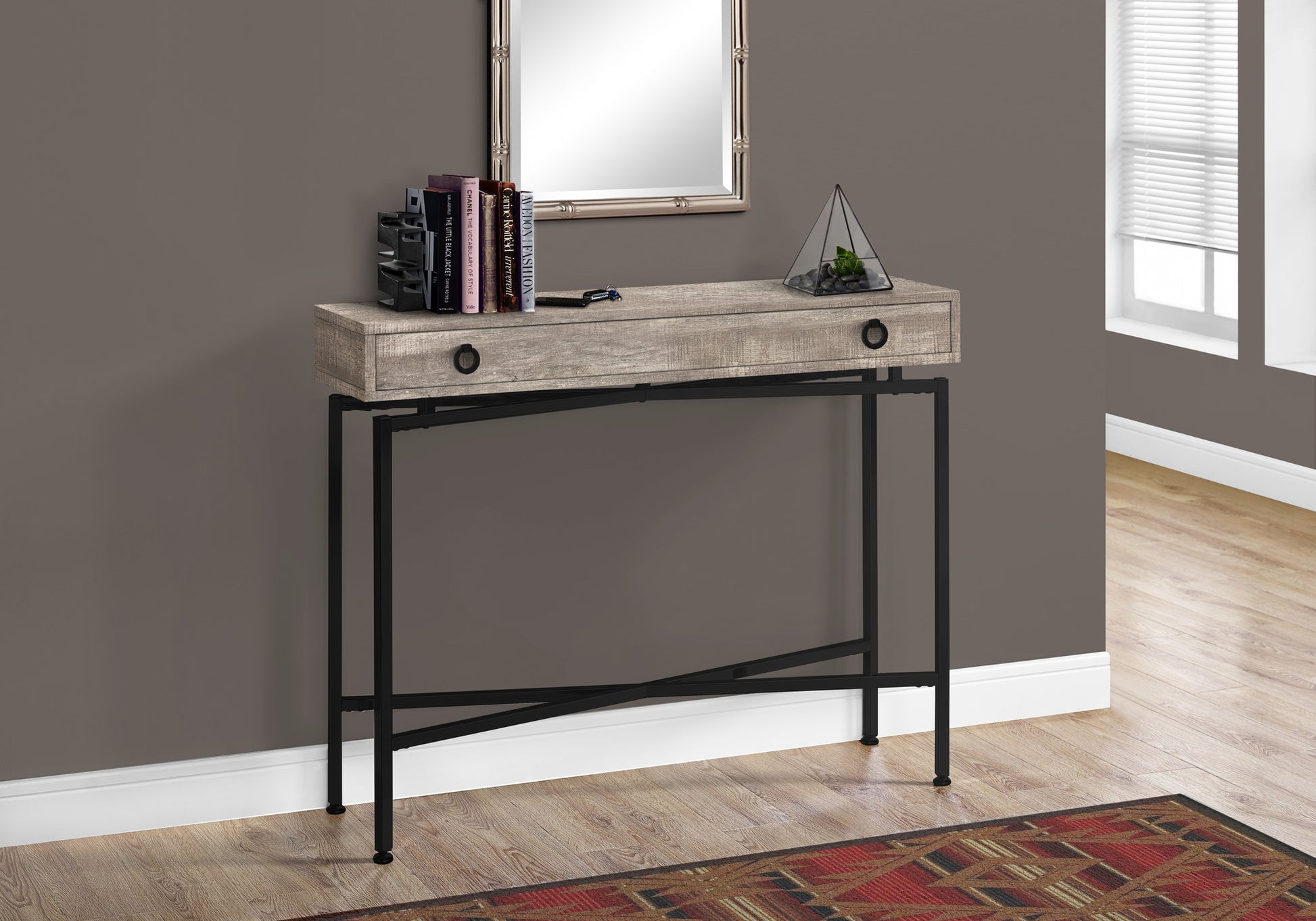 43" Brown And Black Cross Leg Console Table-Console Tables-DECOROLALA