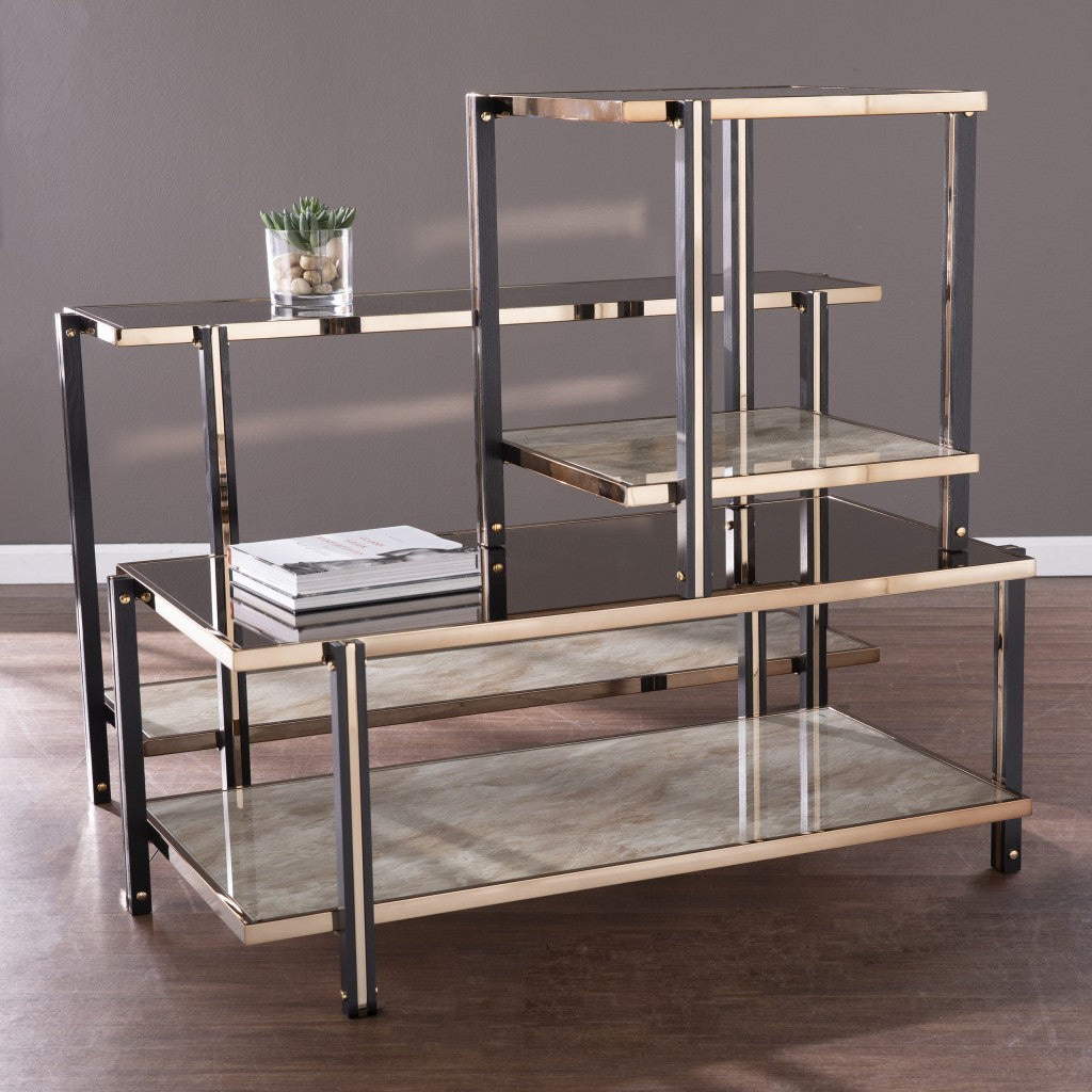 43" Champagne Mirrored And Metal Rectangular Mirrored Coffee Table-Coffee Tables-DECOROLALA