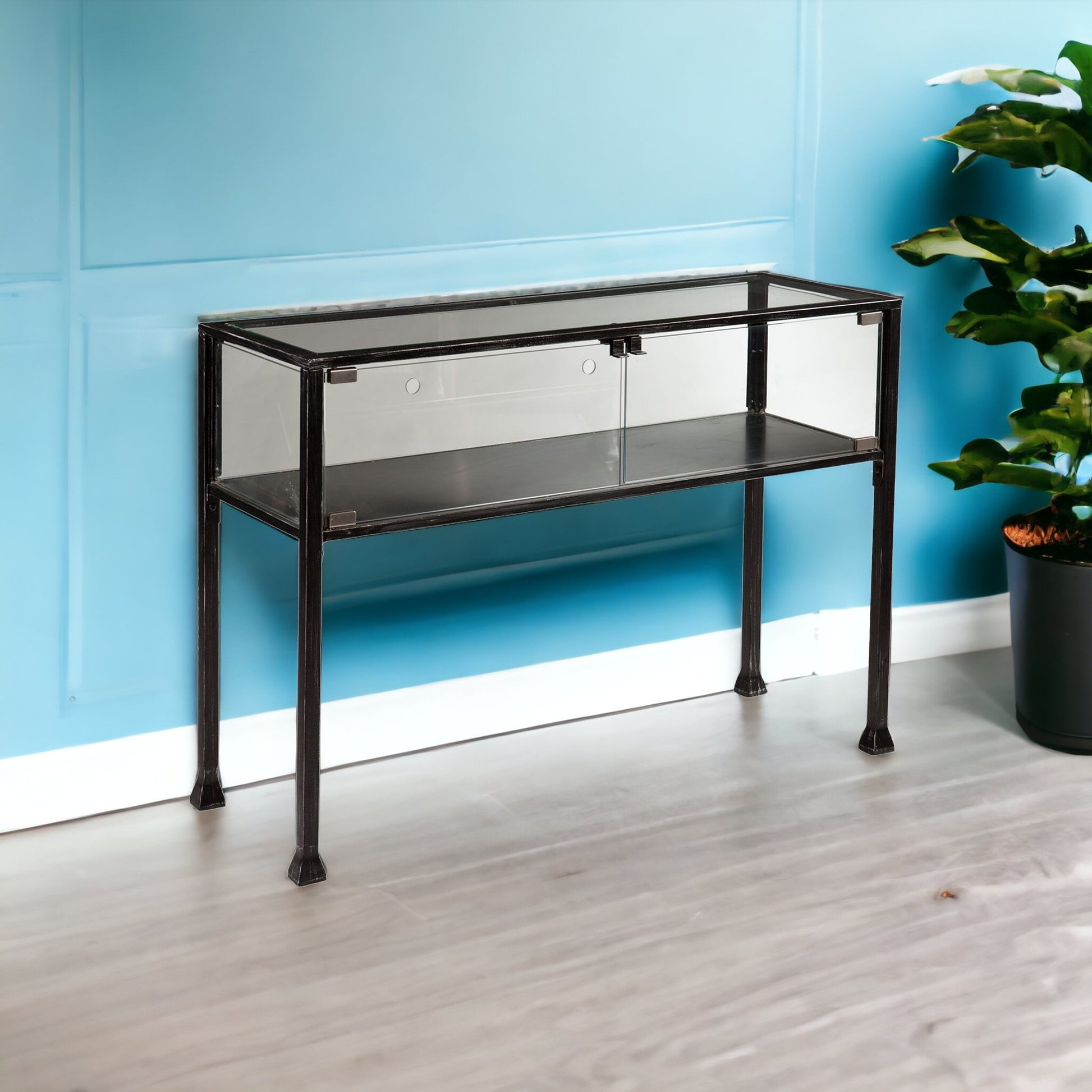 43" Clear and Black Glass Distressed Console Table With Storage-Console Tables-DECOROLALA