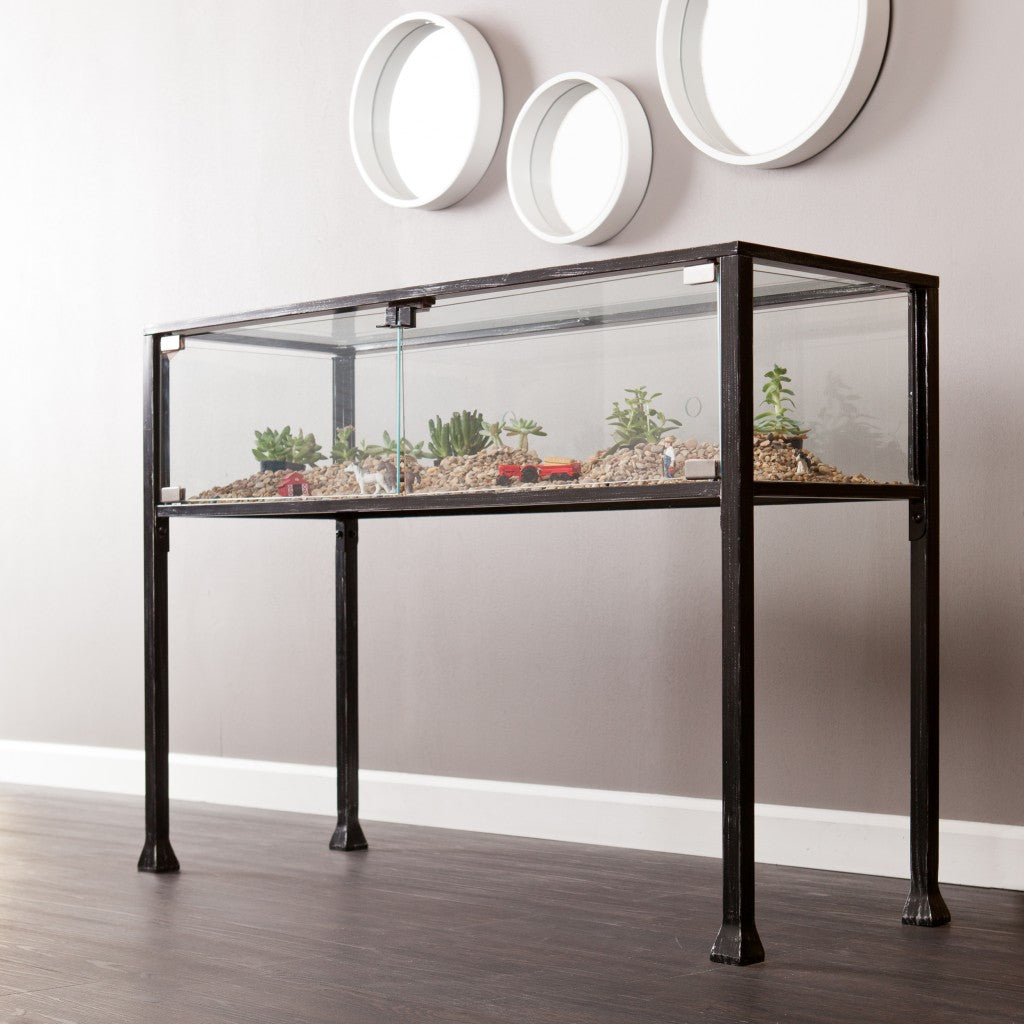 43" Clear and Black Glass Distressed Console Table With Storage-Console Tables-DECOROLALA