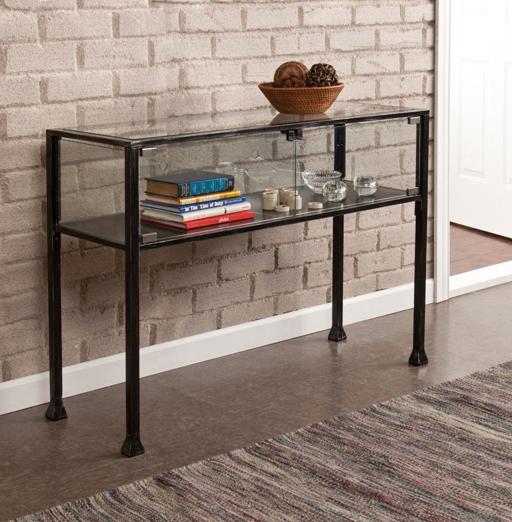43" Clear and Black Glass Distressed Console Table With Storage-Console Tables-DECOROLALA