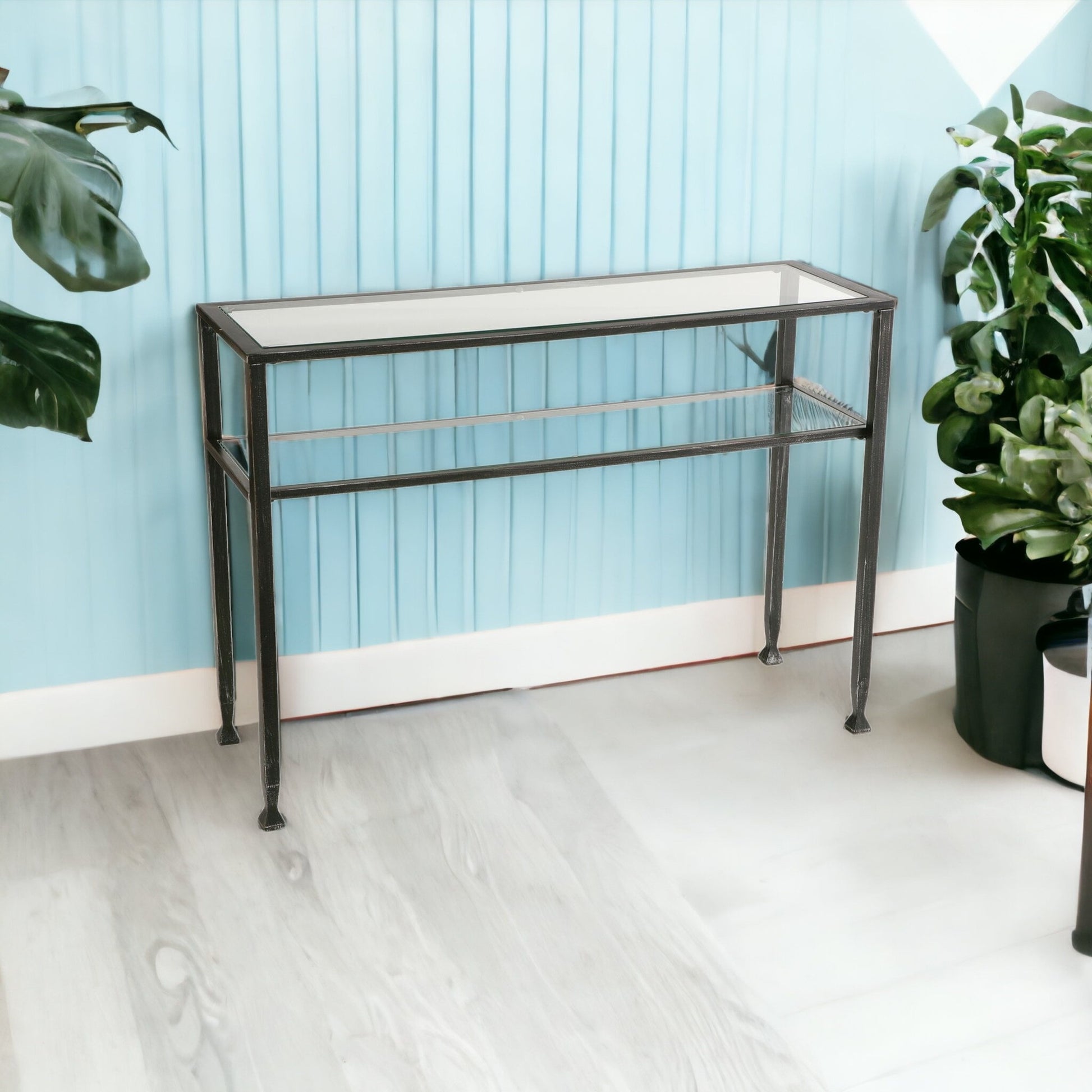 43" Clear and Black and Silver Glass Distressed Console Table With Storage-Console Tables-DECOROLALA