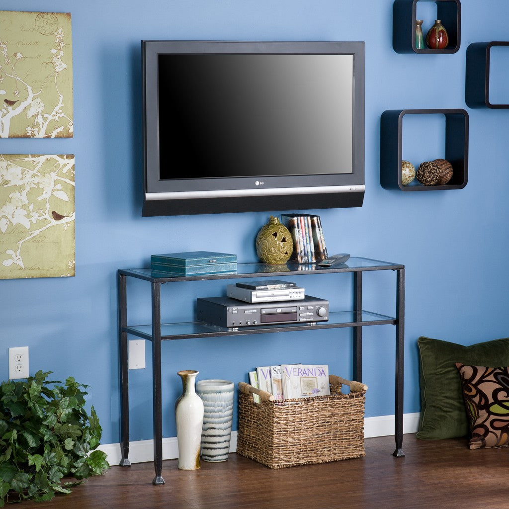 43" Clear and Black and Silver Glass Distressed Console Table With Storage-Console Tables-DECOROLALA