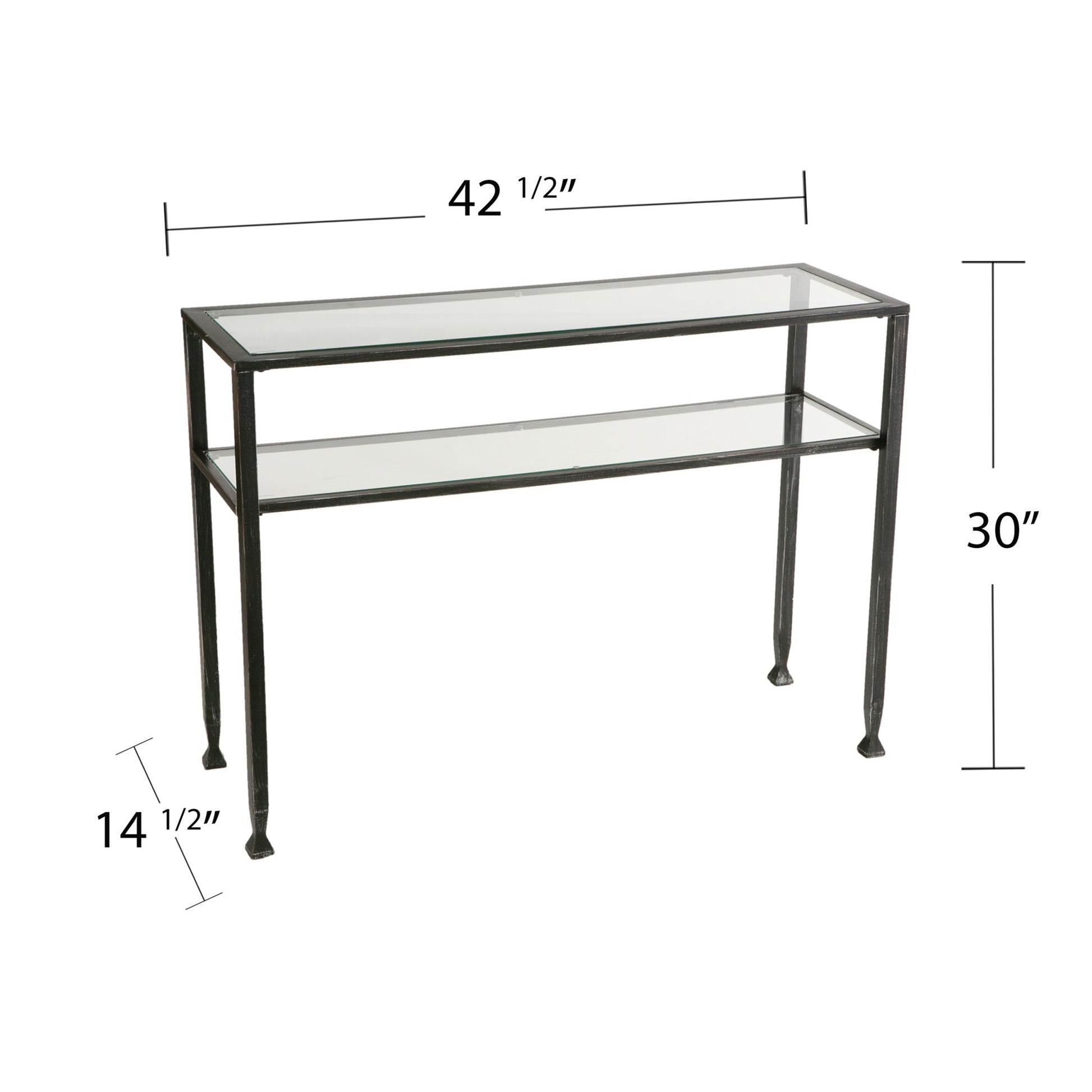 43" Clear and Black and Silver Glass Distressed Console Table With Storage-Console Tables-DECOROLALA