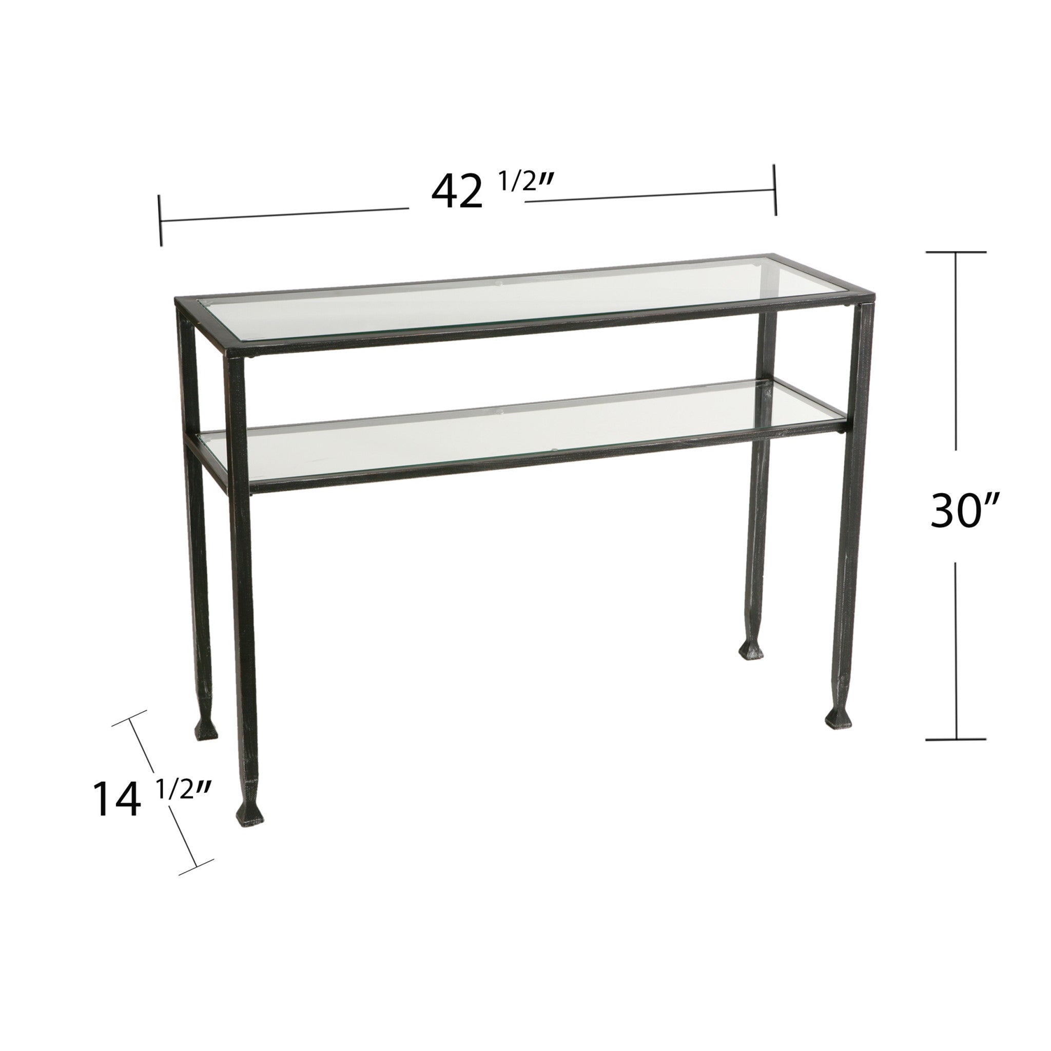 43" Clear and Black and Silver Glass Distressed Console Table With Storage-Console Tables-DECOROLALA