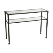 43" Clear and Black and Silver Glass Distressed Console Table With Storage-Console Tables-DECOROLALA