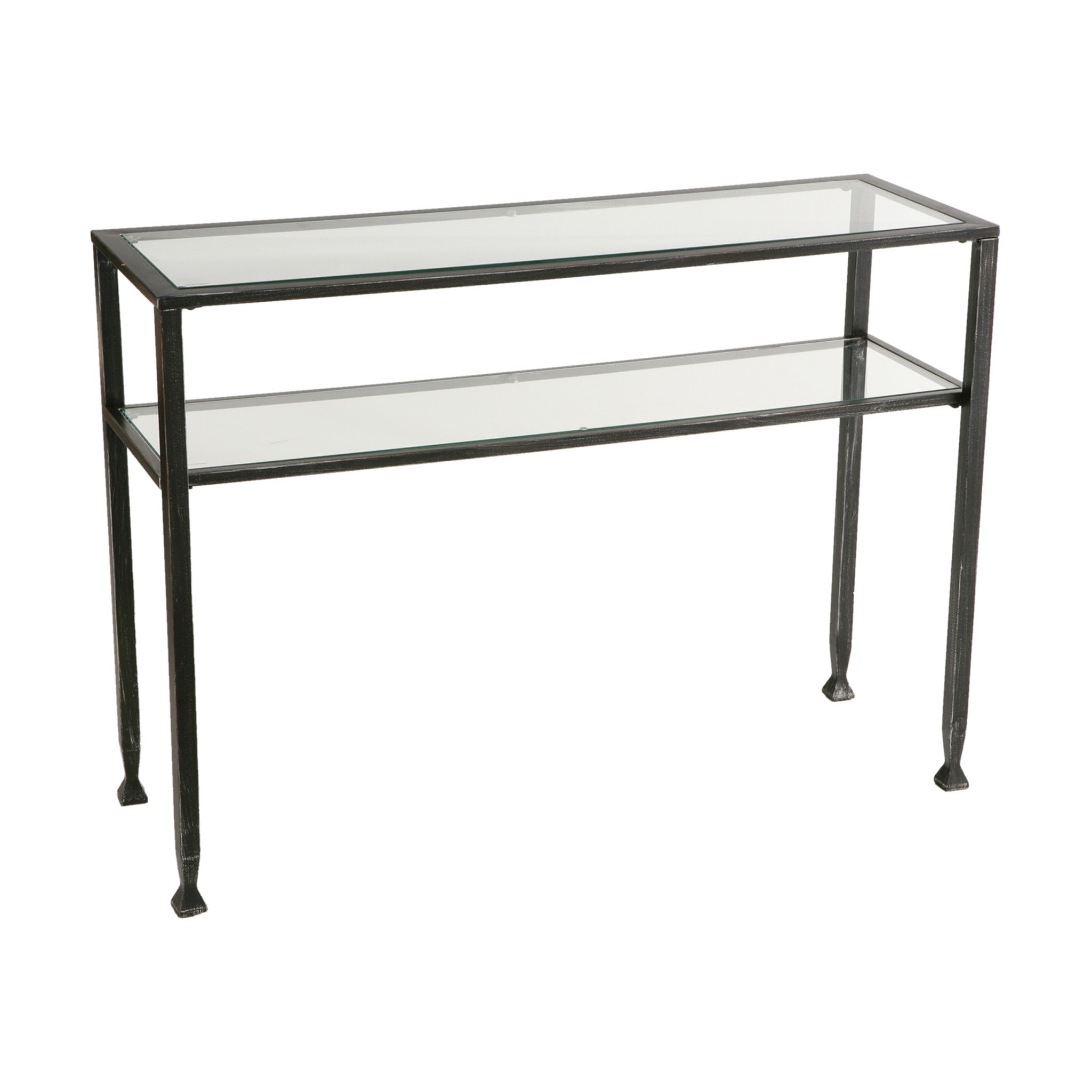 43" Clear and Black and Silver Glass Distressed Console Table With Storage-Console Tables-DECOROLALA