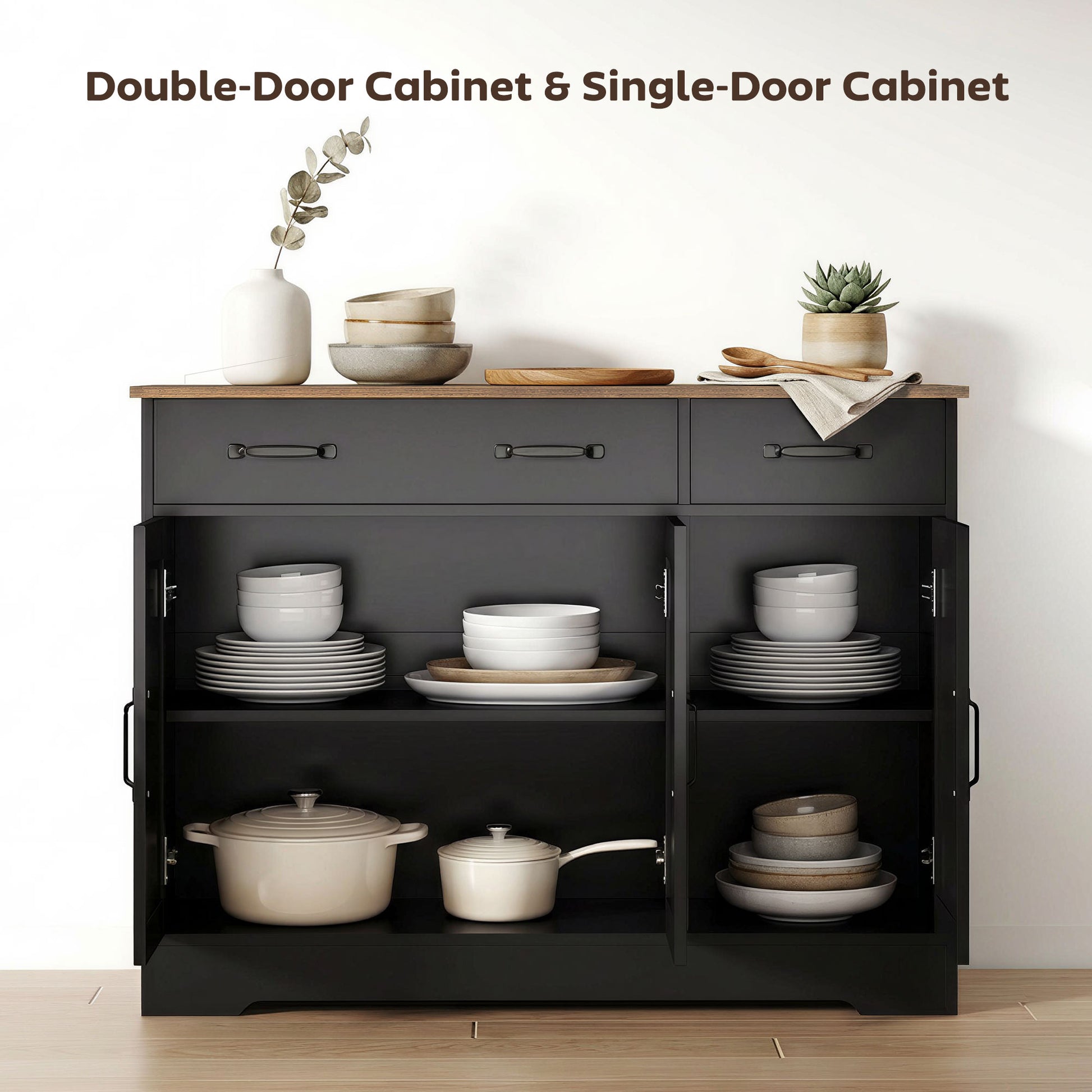 43" Farmhouse Sideboard Buffet Cabinet - Black/Brown-DECOROLALA