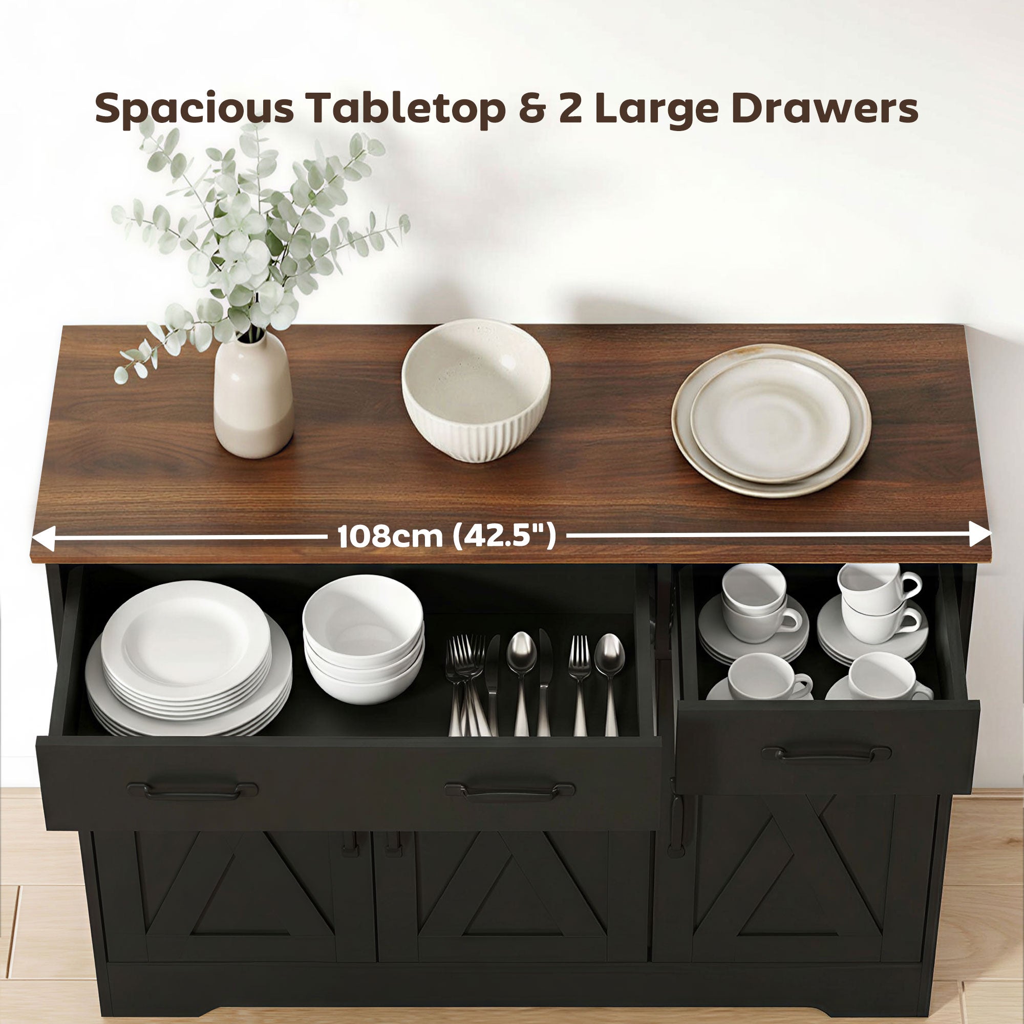43" Farmhouse Sideboard Buffet Cabinet - Black/Brown-DECOROLALA