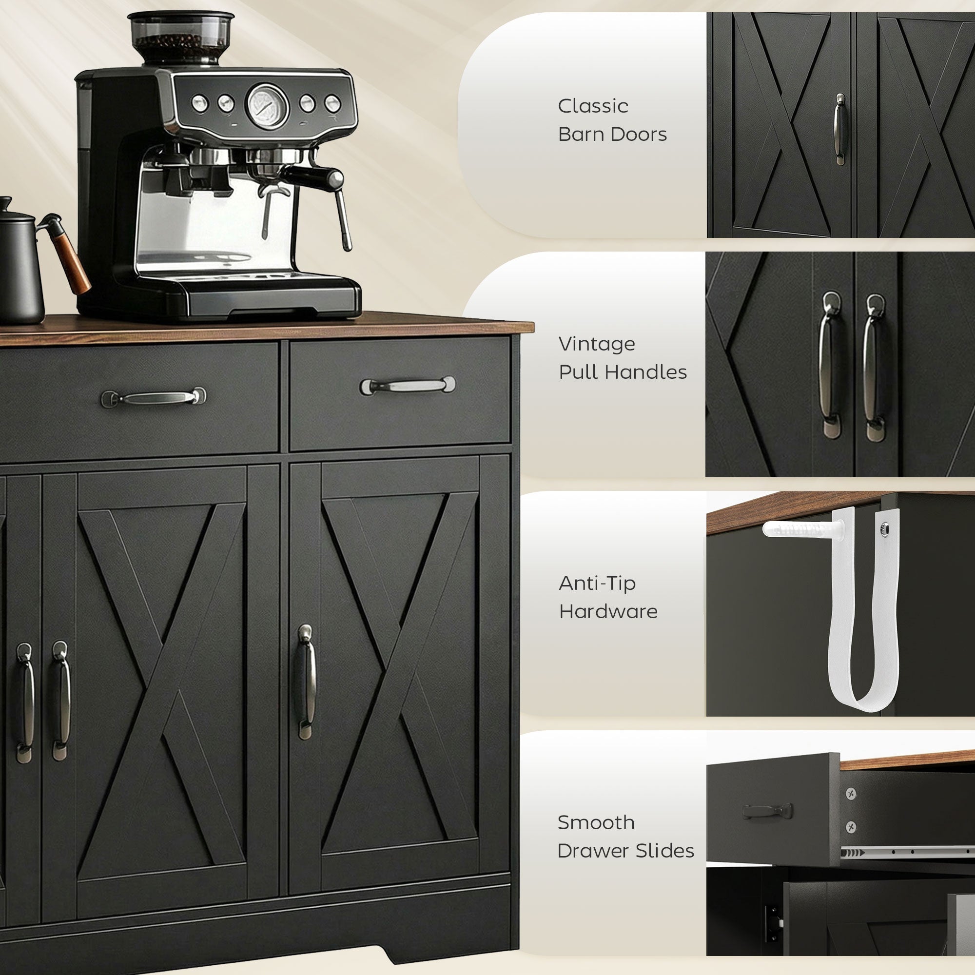 43" Farmhouse Sideboard Buffet Cabinet - Black/Brown-DECOROLALA