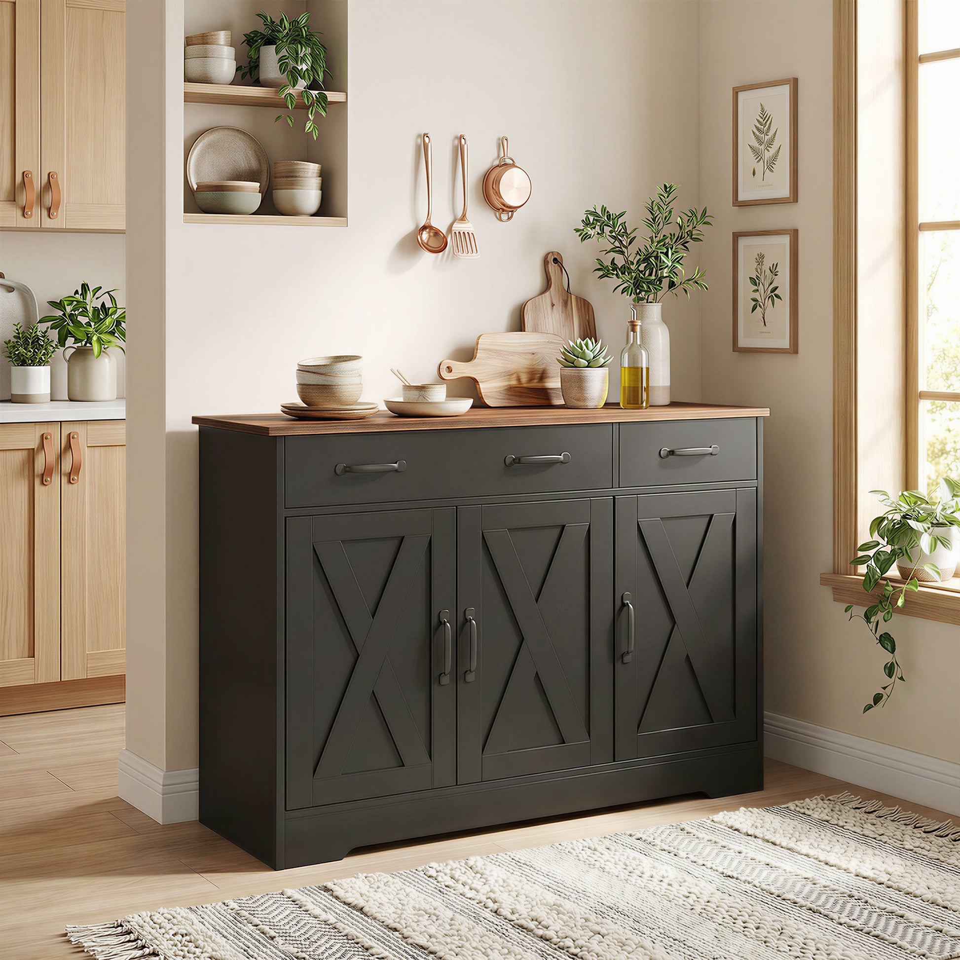 43" Farmhouse Sideboard Buffet Cabinet - Black/Brown-DECOROLALA