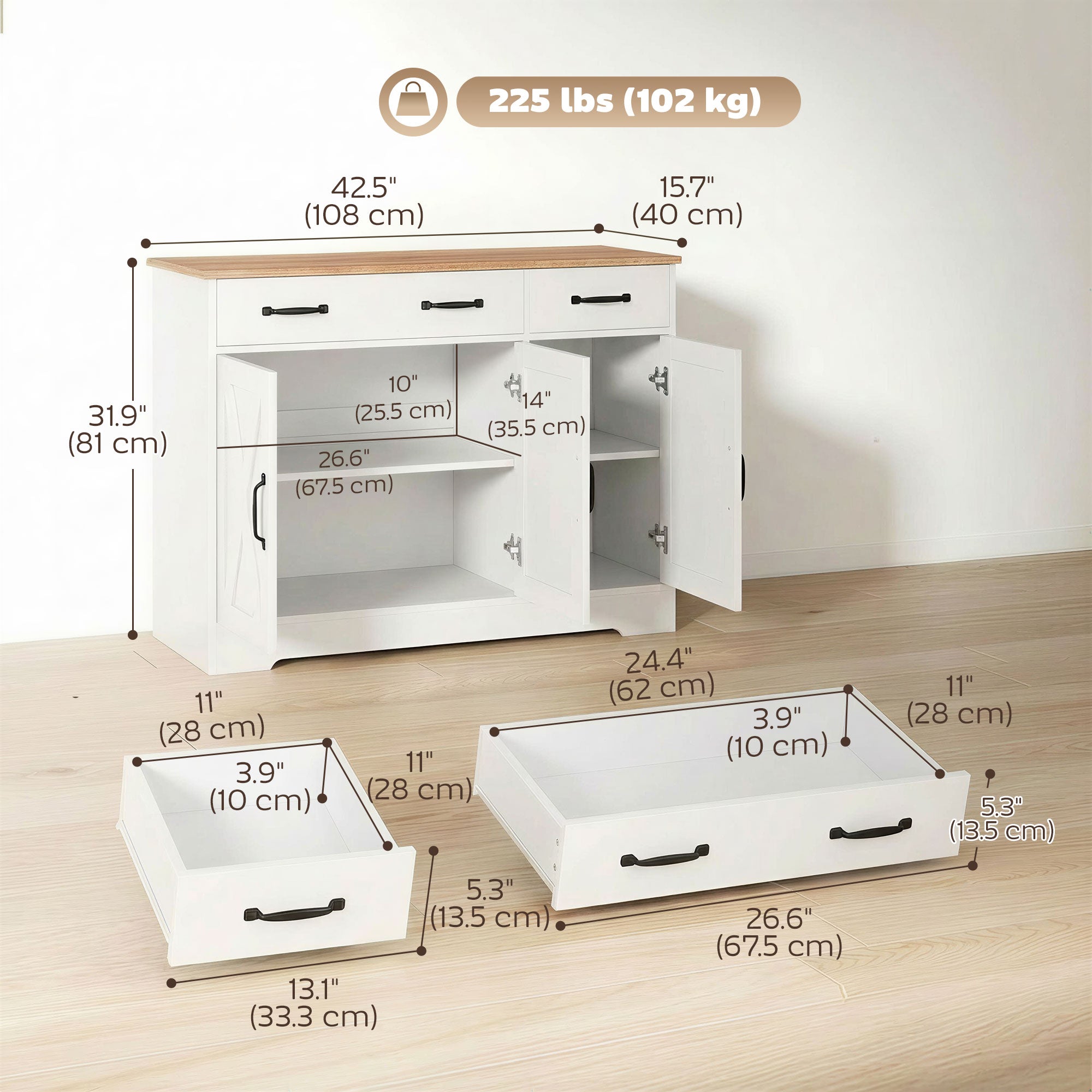 43" Farmhouse Sideboard Buffet Cabinet - White & Brown-DECOROLALA