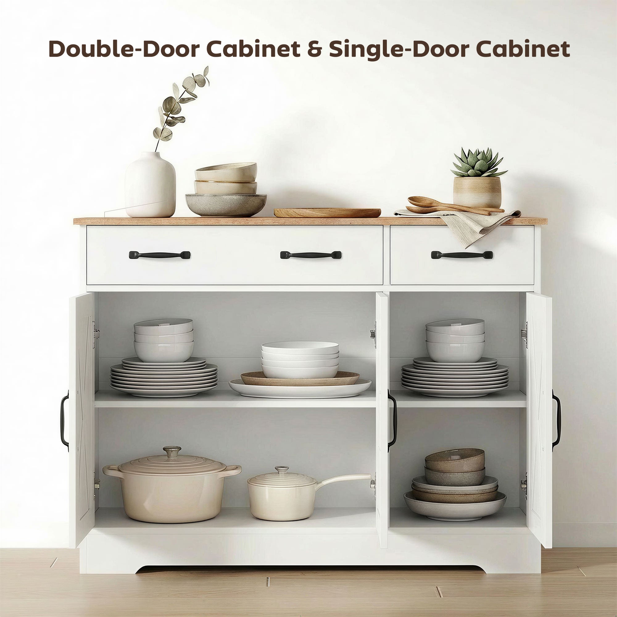 43" Farmhouse Sideboard Buffet Cabinet - White & Brown-DECOROLALA