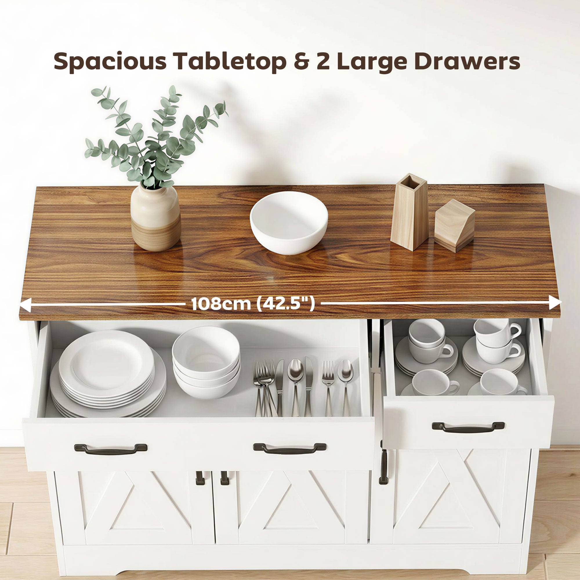 43" Farmhouse Sideboard Buffet Cabinet - White & Brown-DECOROLALA