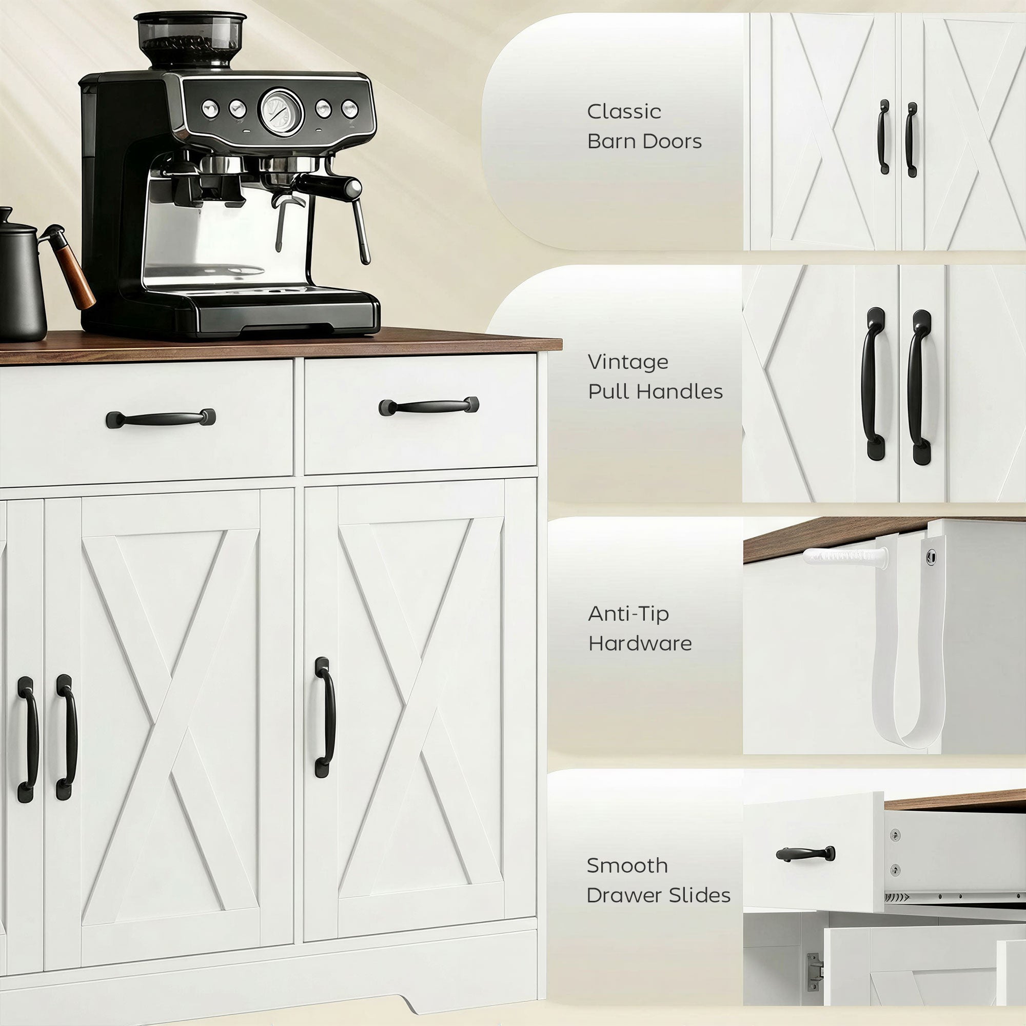 43" Farmhouse Sideboard Buffet Cabinet - White & Brown-DECOROLALA