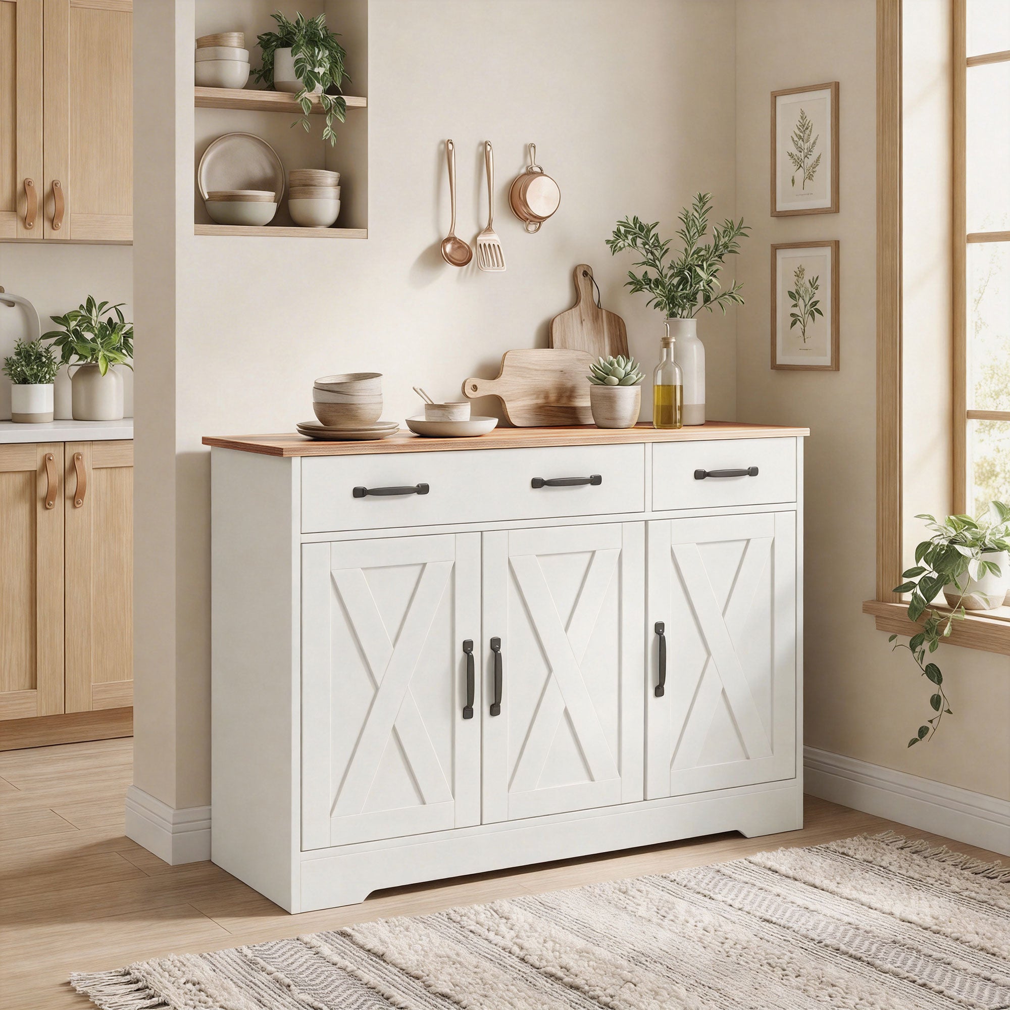 43" Farmhouse Sideboard Buffet Cabinet - White & Brown-DECOROLALA