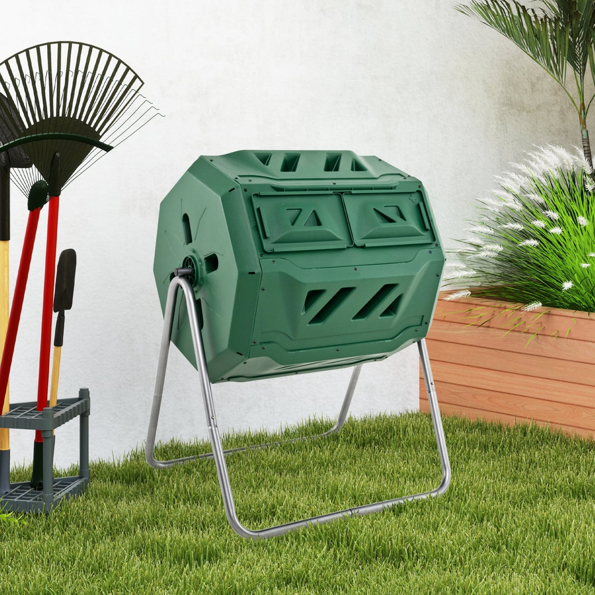 43 Gallon Rotating Compost Bin Barrel with Dual Chamber and Sliding Doors-Green-Garden Tools-DECOROLALA