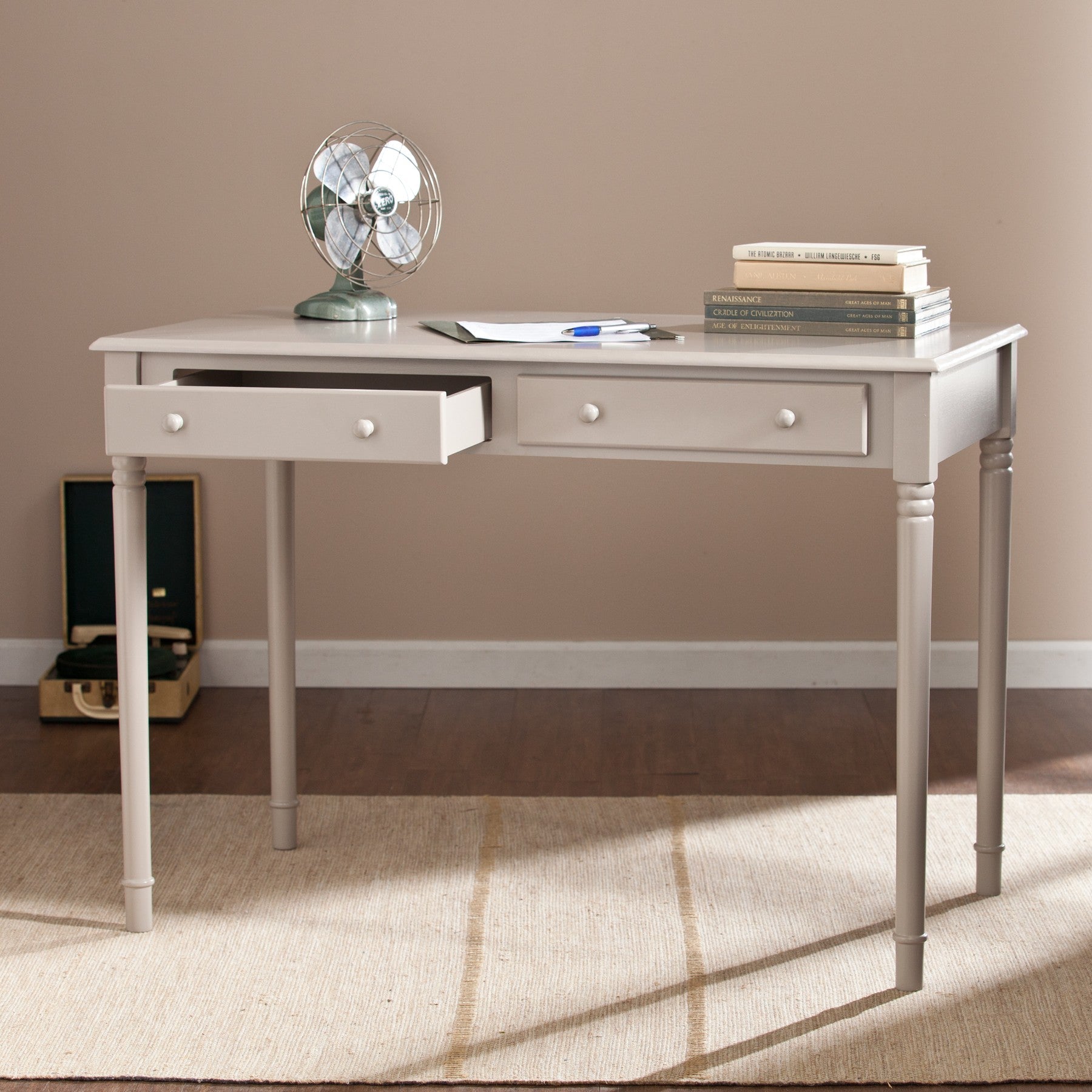 43" Gray Solid Wood Writing Desk With Two Drawers-Desks-DECOROLALA