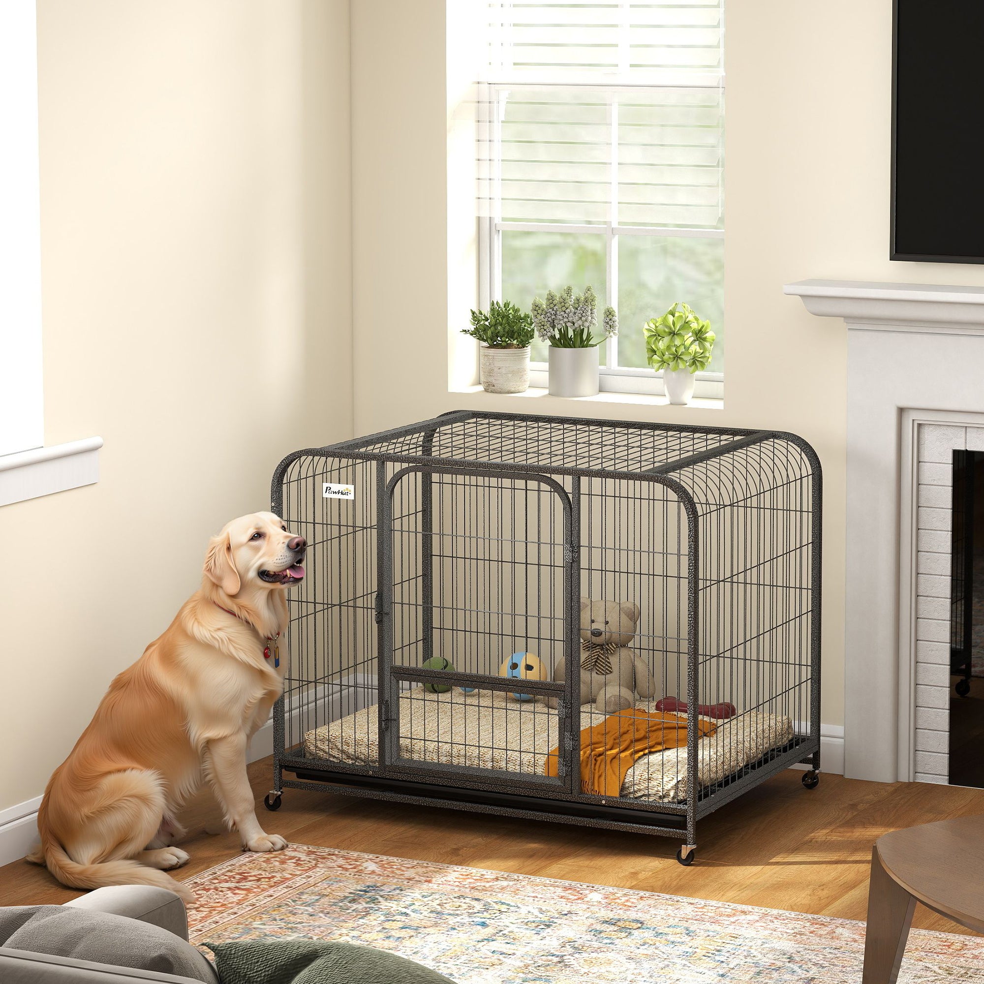 43" Heavy Duty Metal Dog Crate - Extra Large Black Steel Cage-Dogs-DECOROLALA