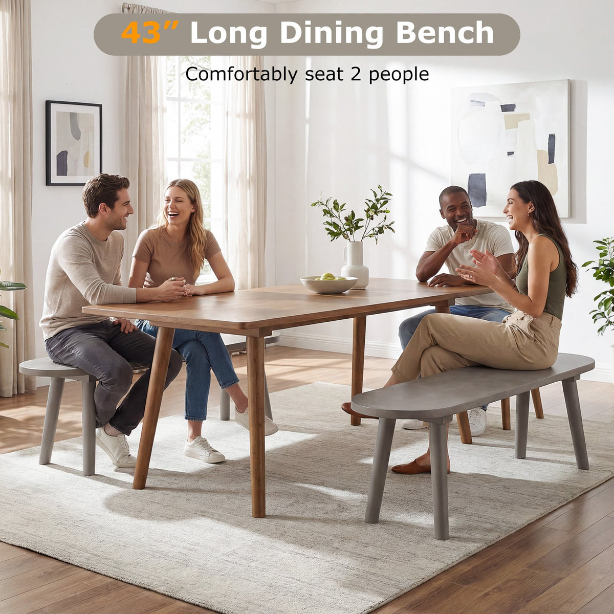 43 Inch Solid Wood Farmhouse Dining Bench Rustic Wooden Entryway Bench with Rubber Wood Legs-Gray-Dining Chairs-DECOROLALA
