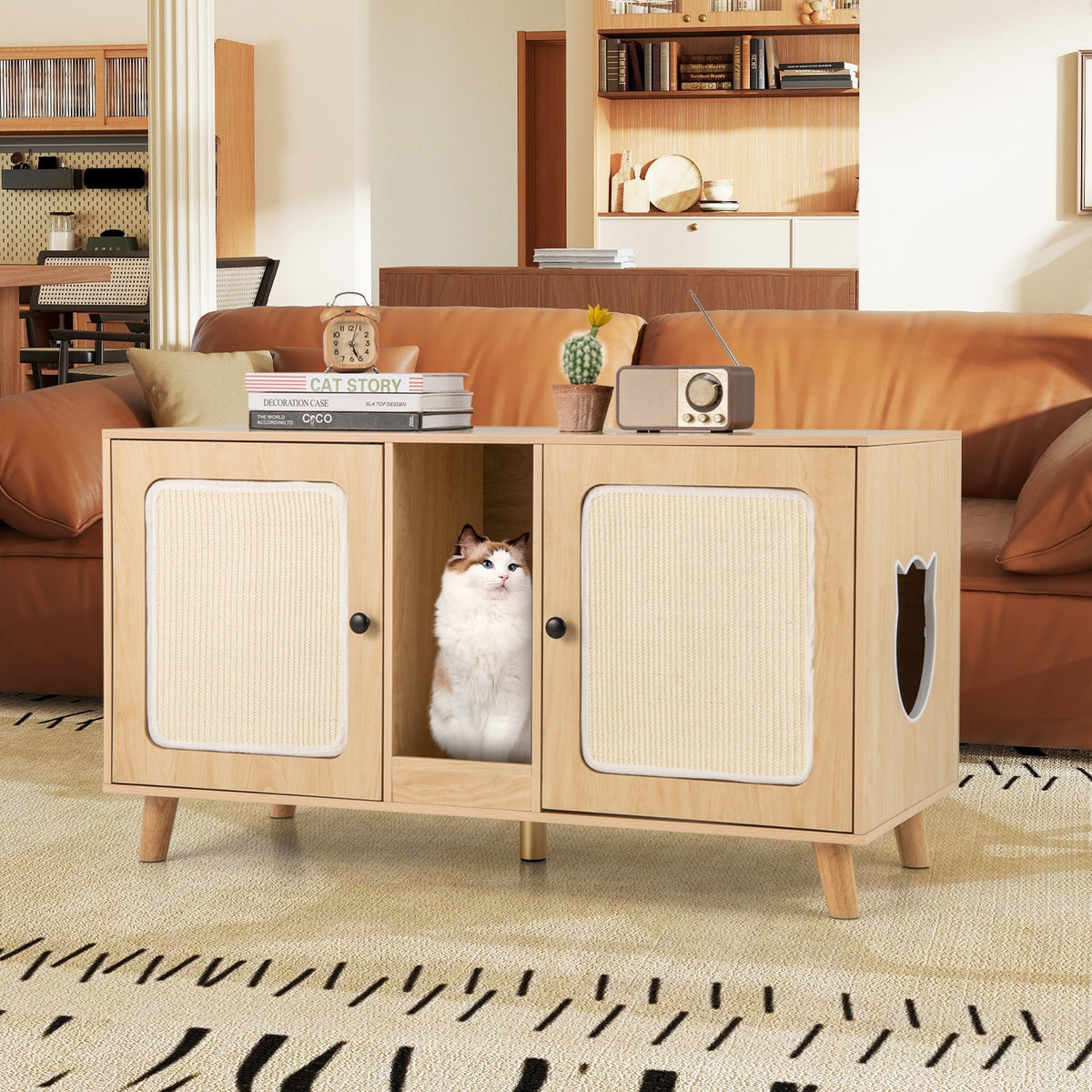 43 Inches Cat Litter Box Enclosure with Double Rooms and 2 Sisal Scratching Mats-Natural-Cat Houses-DECOROLALA