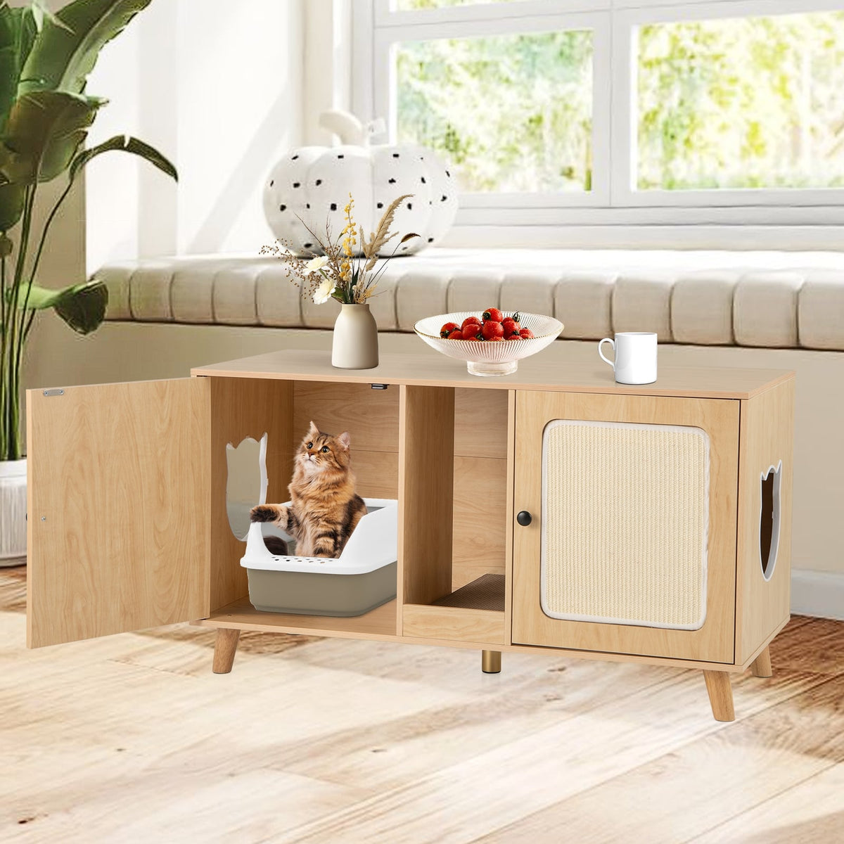 43 Inches Cat Litter Box Enclosure with Double Rooms and 2 Sisal Scratching Mats-Natural-Cat Houses-DECOROLALA