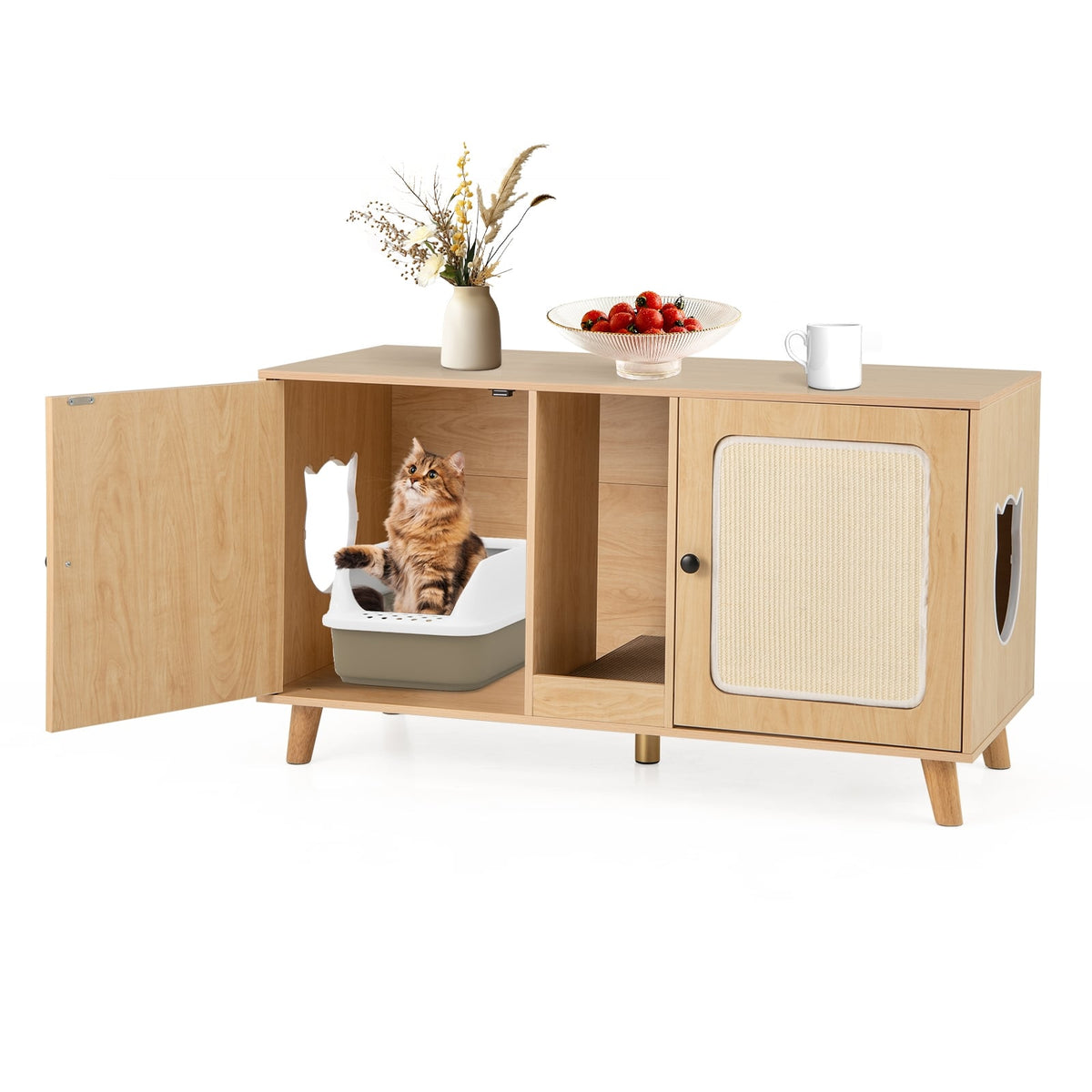 43 Inches Cat Litter Box Enclosure with Double Rooms and 2 Sisal Scratching Mats-Natural-Cat Houses-DECOROLALA