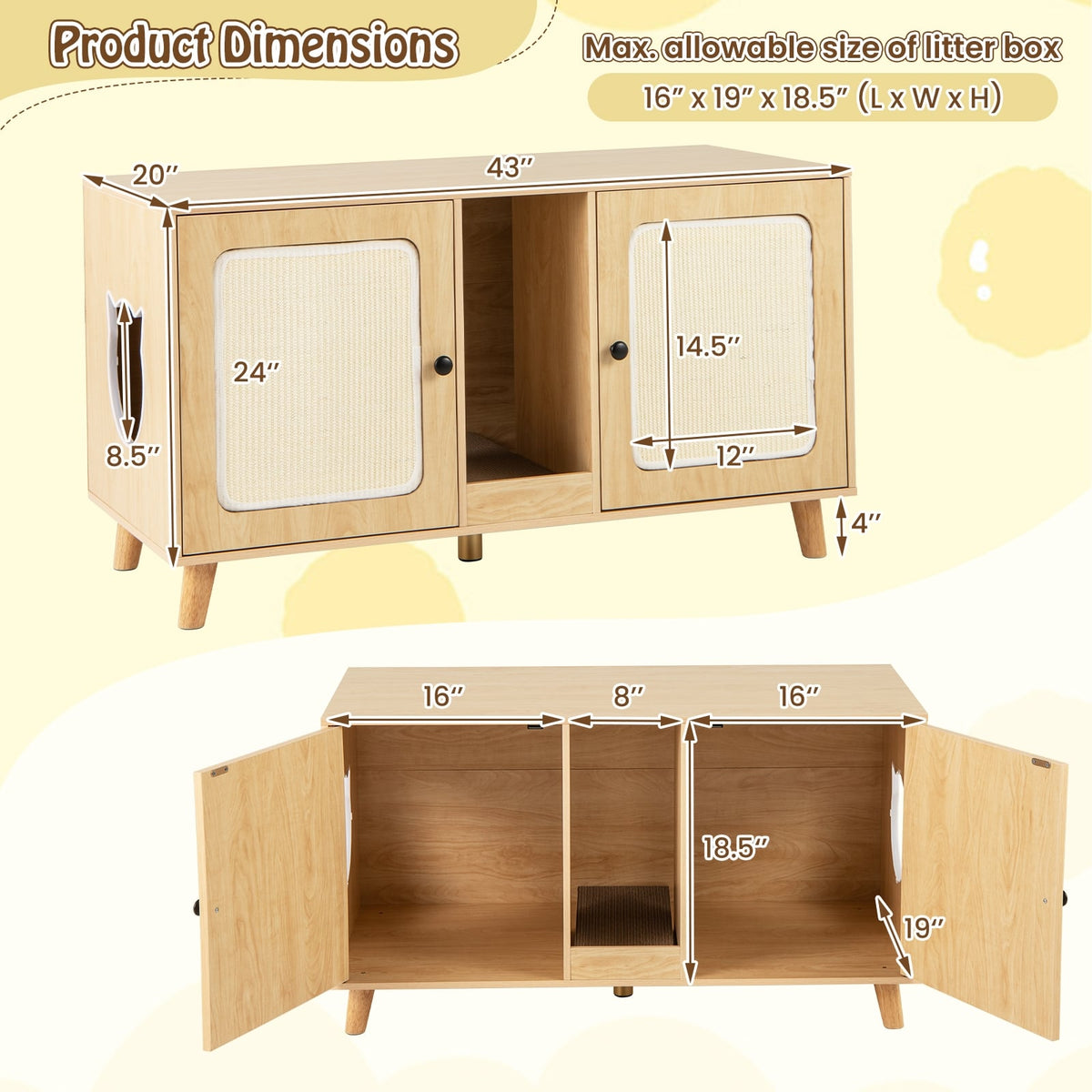 43 Inches Cat Litter Box Enclosure with Double Rooms and 2 Sisal Scratching Mats-Natural-Cat Houses-DECOROLALA