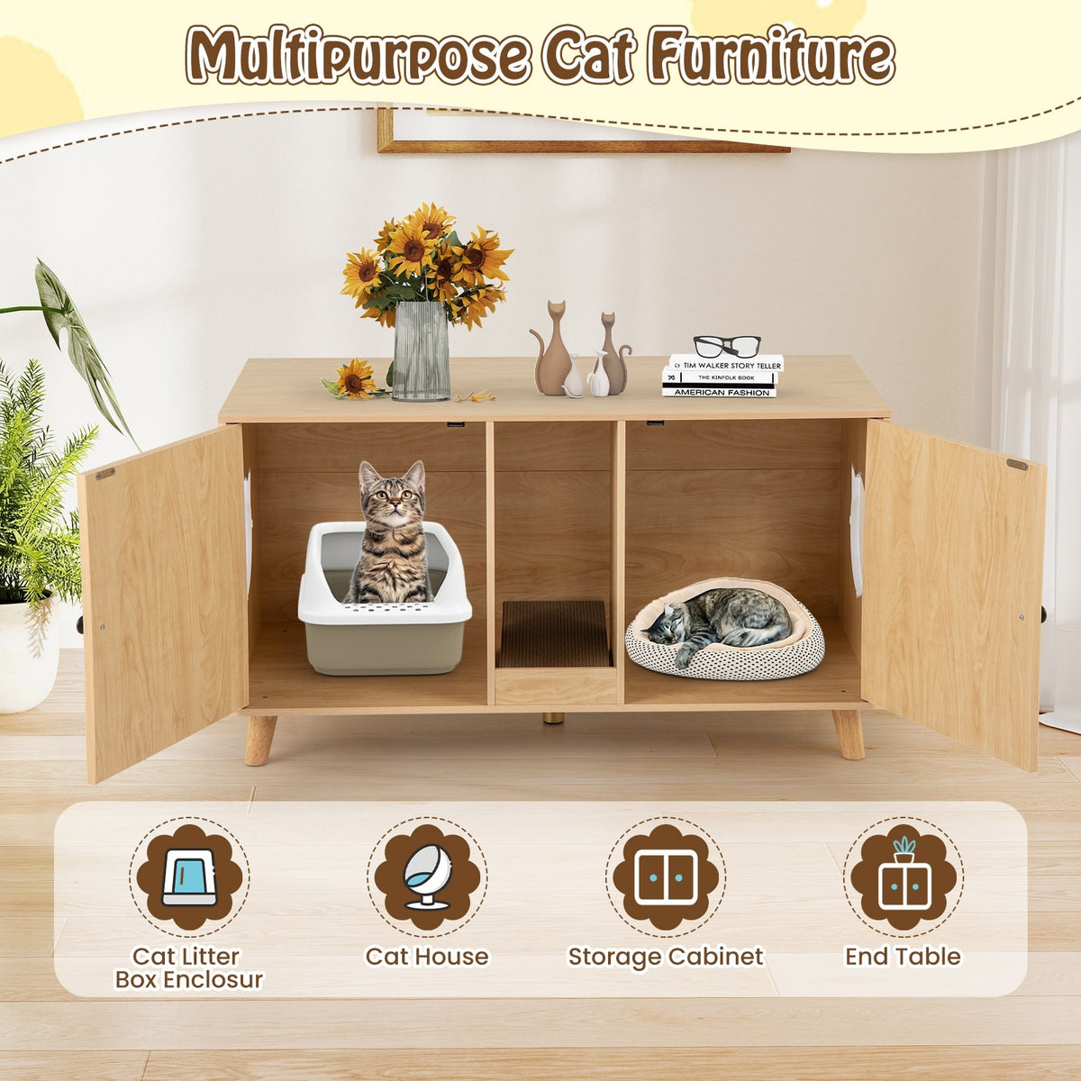 43 Inches Cat Litter Box Enclosure with Double Rooms and 2 Sisal Scratching Mats-Natural-Cat Houses-DECOROLALA
