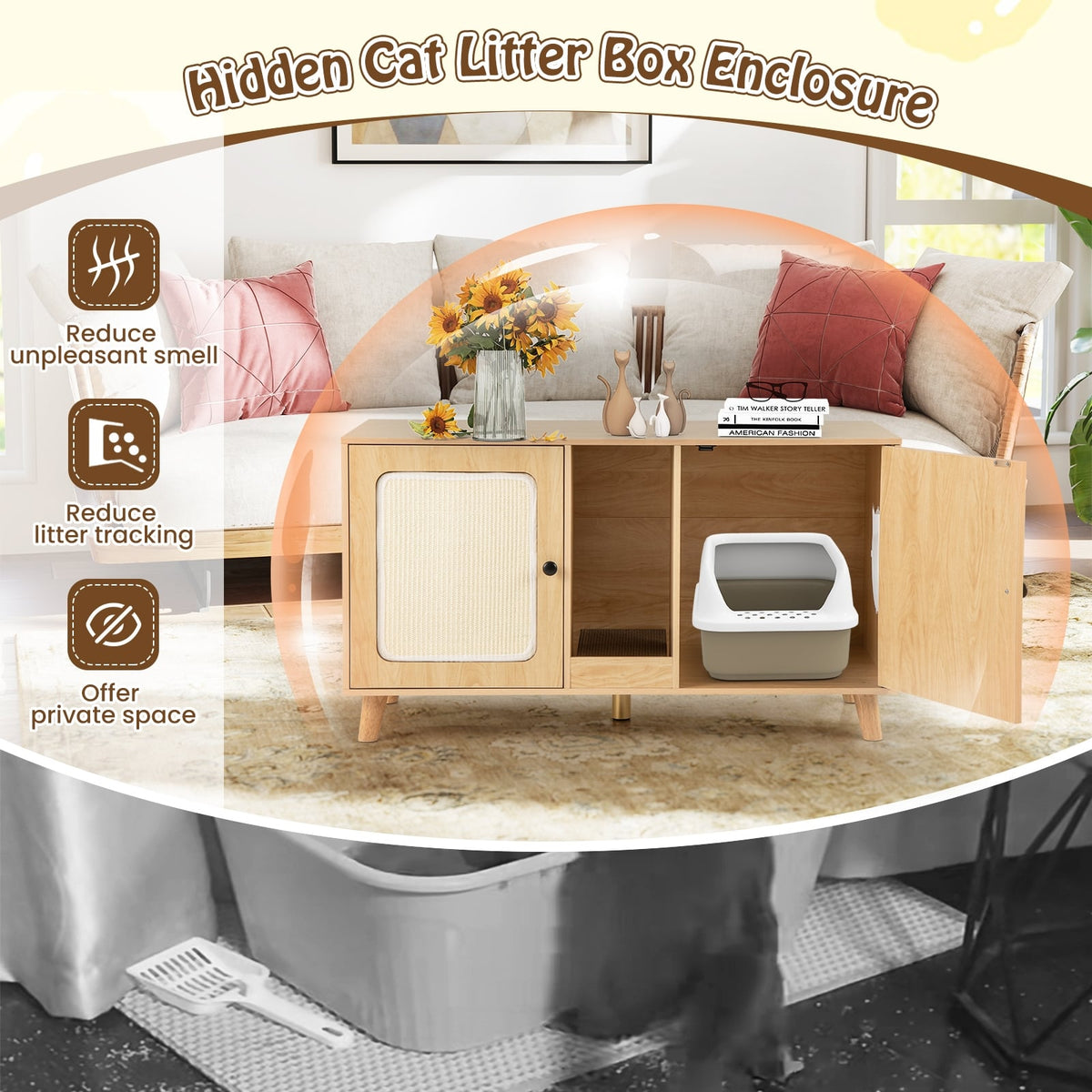 43 Inches Cat Litter Box Enclosure with Double Rooms and 2 Sisal Scratching Mats-Natural-Cat Houses-DECOROLALA