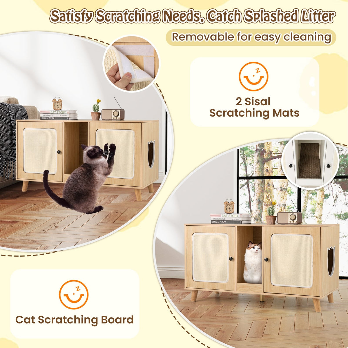 43 Inches Cat Litter Box Enclosure with Double Rooms and 2 Sisal Scratching Mats-Natural-Cat Houses-DECOROLALA