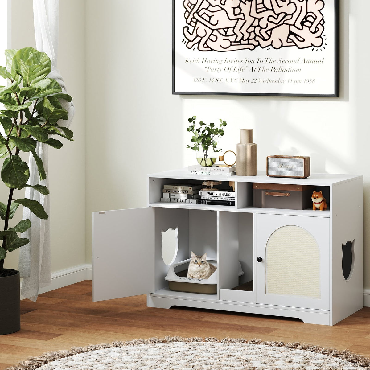 43 Inches Cat Litter Box Enclosure with Storage and Double Rooms-White-Cat Houses-DECOROLALA