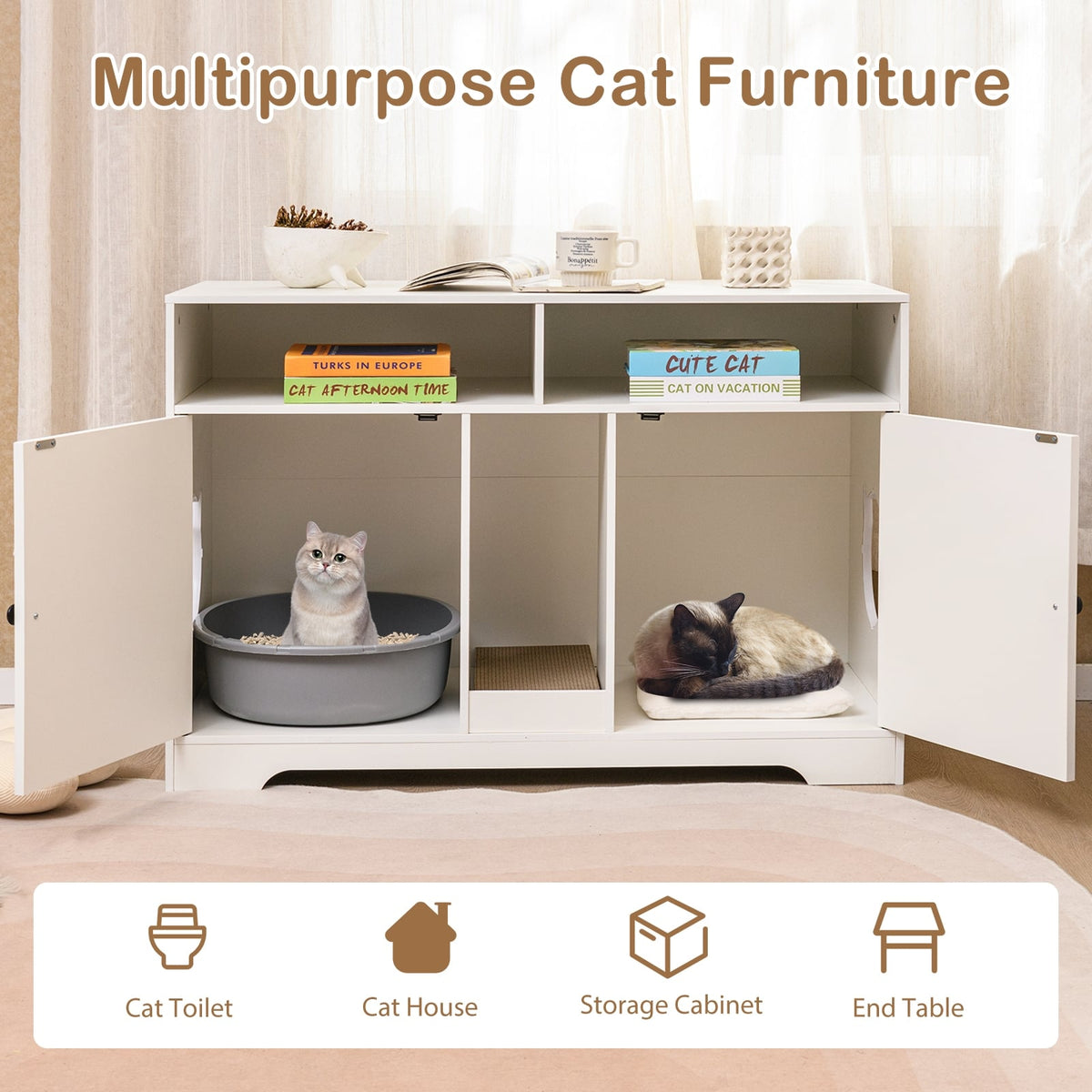 43 Inches Cat Litter Box Enclosure with Storage and Double Rooms-White-Cat Houses-DECOROLALA
