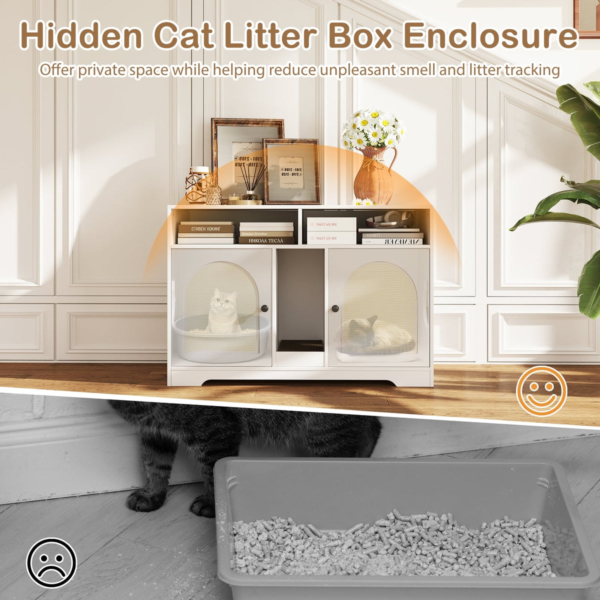 43 Inches Cat Litter Box Enclosure with Storage and Double Rooms-White-Cat Houses-DECOROLALA
