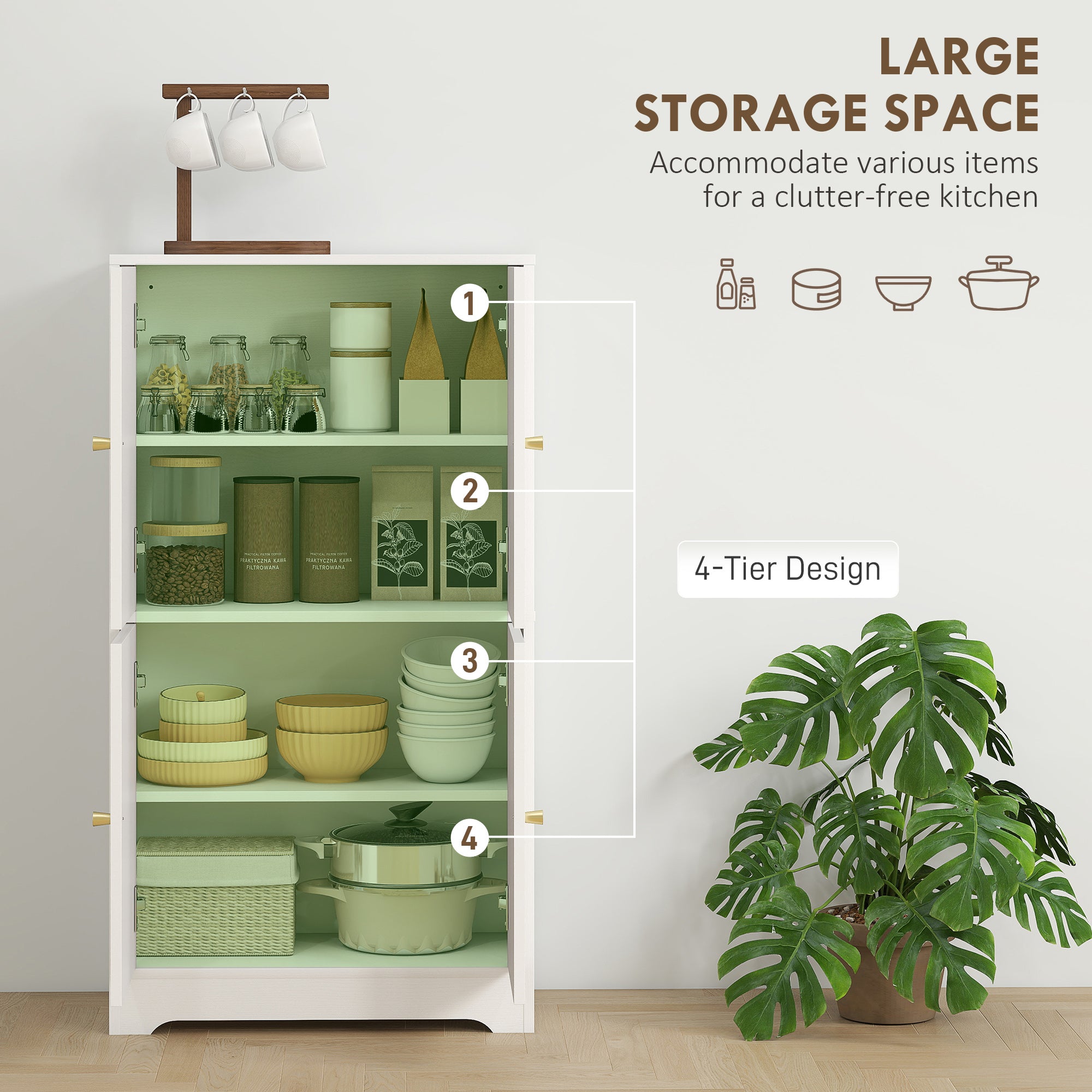 43" Kitchen Pantry Cabinet, Freestanding Modern Storage Cabinet with 4 Arched Doors and 2 Adjustable Shelves, White-Home Furnishings > Storage & Organization > Kitchen Pantry Cabinets-DECOROLALA
