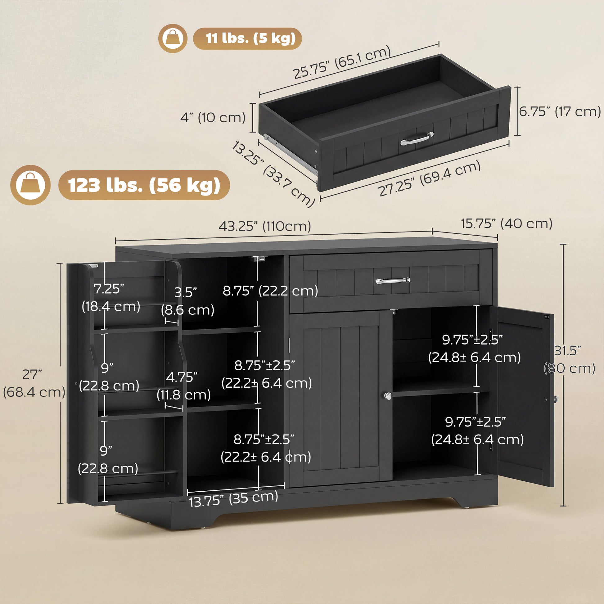 43" Kitchen Sideboard Buffet Cabinet with Door Racks - Black-DECOROLALA