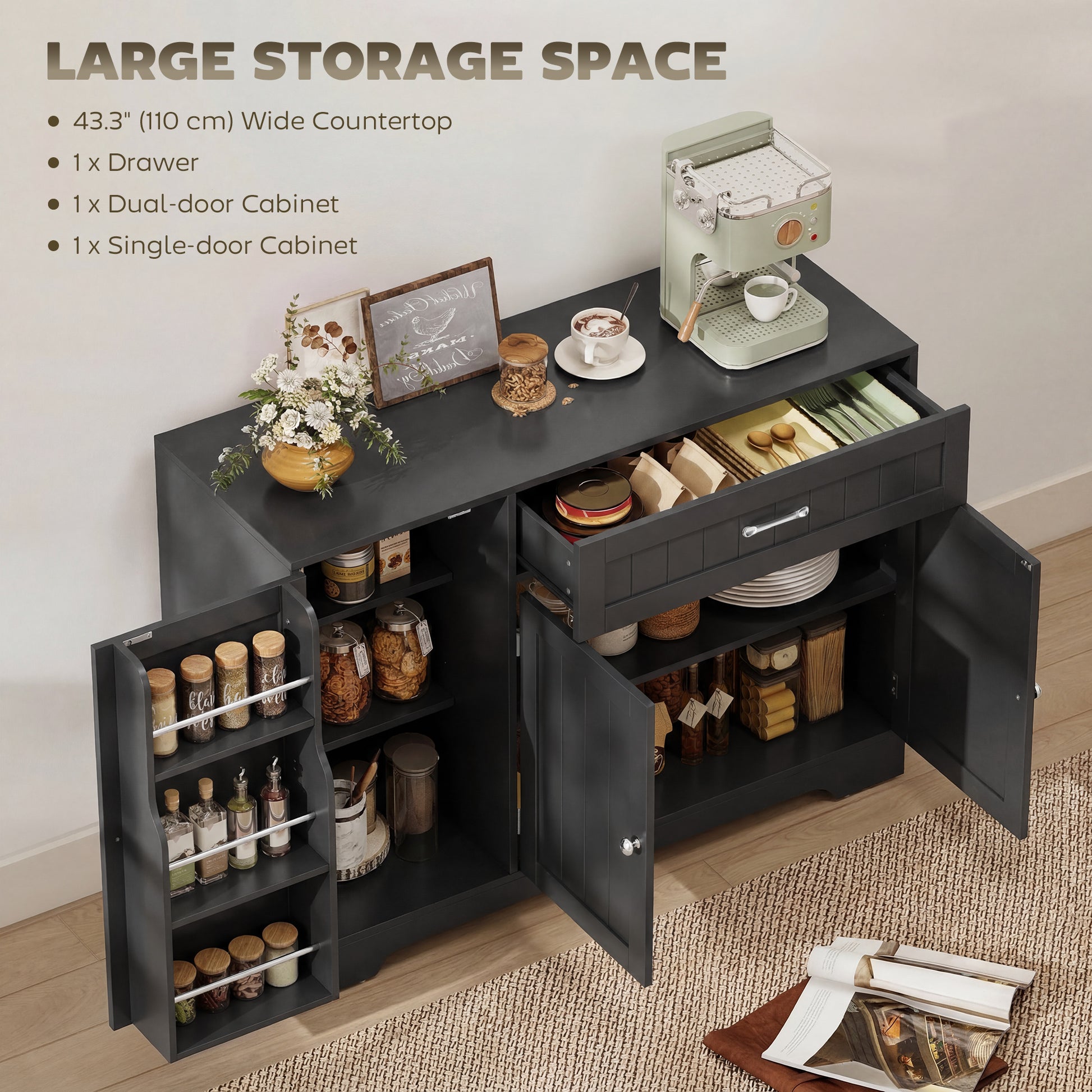 43" Kitchen Sideboard Buffet Cabinet with Door Racks - Black-DECOROLALA