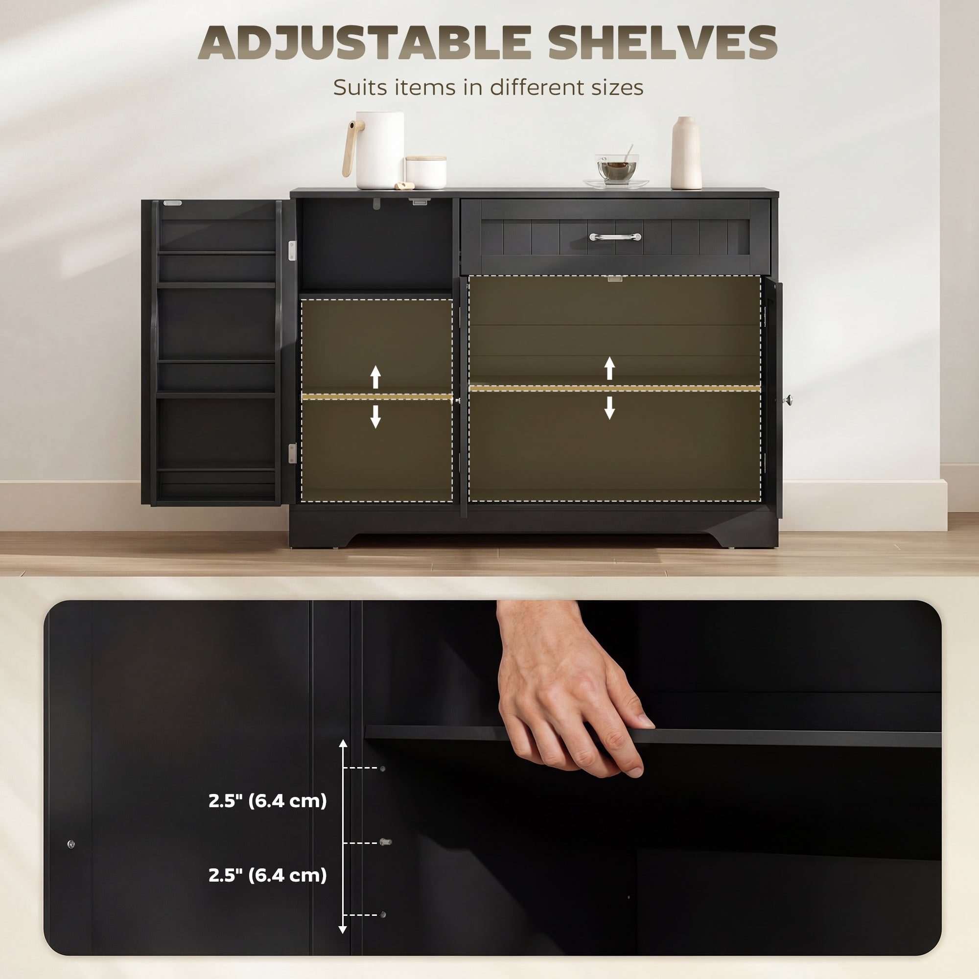 43" Kitchen Sideboard Buffet Cabinet with Door Racks - Black-DECOROLALA