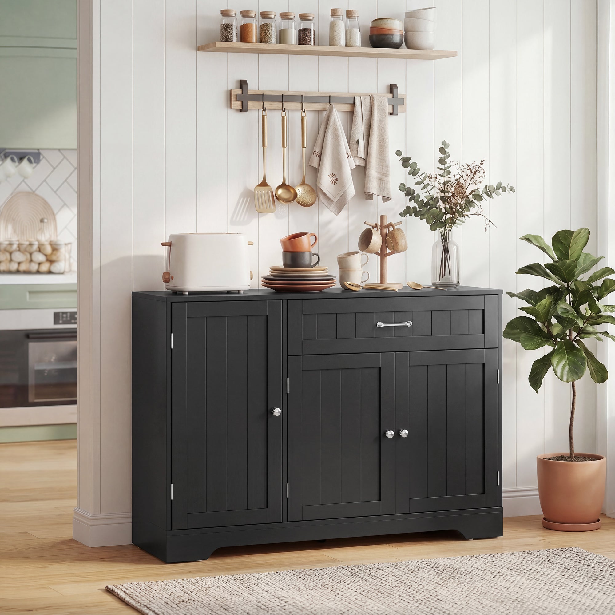 43" Kitchen Sideboard Buffet Cabinet with Door Racks - Black-DECOROLALA
