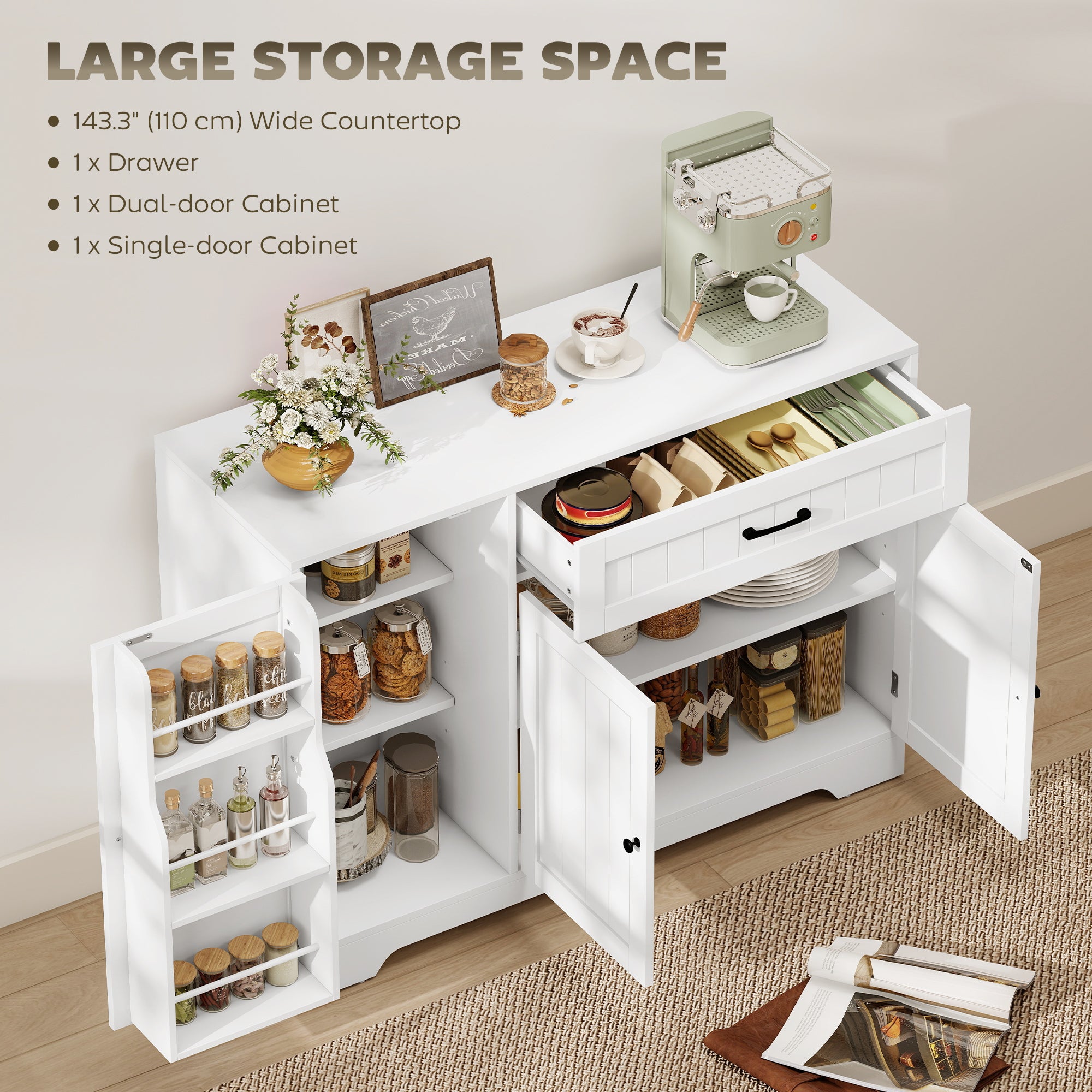 43" Kitchen Sideboard Buffet Cabinet with Door Racks - White-DECOROLALA