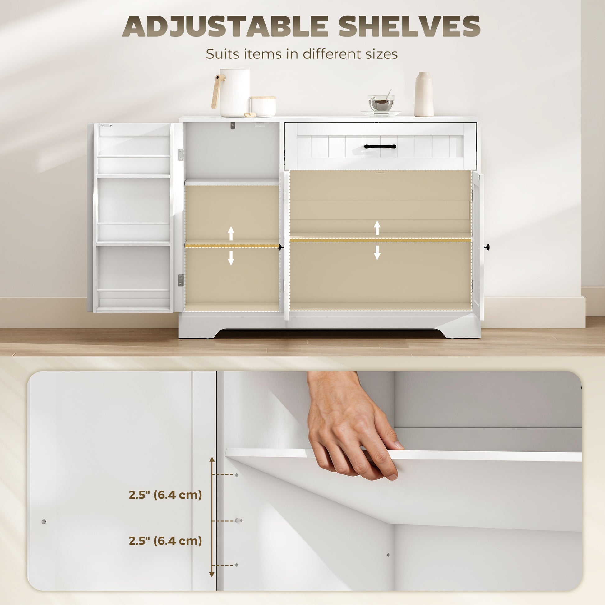 43" Kitchen Sideboard Buffet Cabinet with Door Racks - White-DECOROLALA