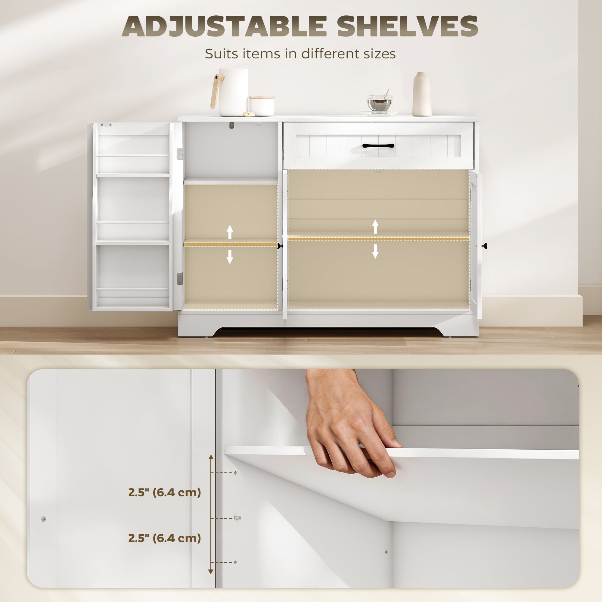 43" Kitchen Sideboard Buffet Cabinet with Door Racks - White-DECOROLALA