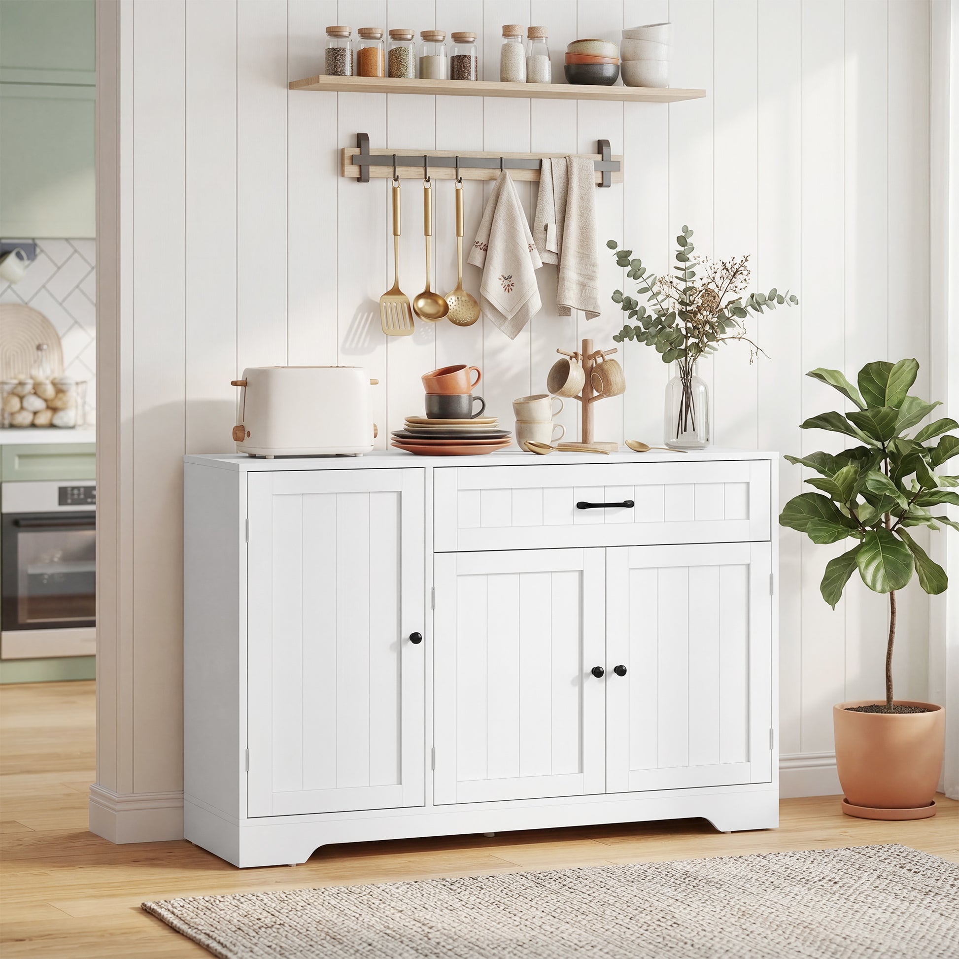 43" Kitchen Sideboard Buffet Cabinet with Door Racks - White-DECOROLALA